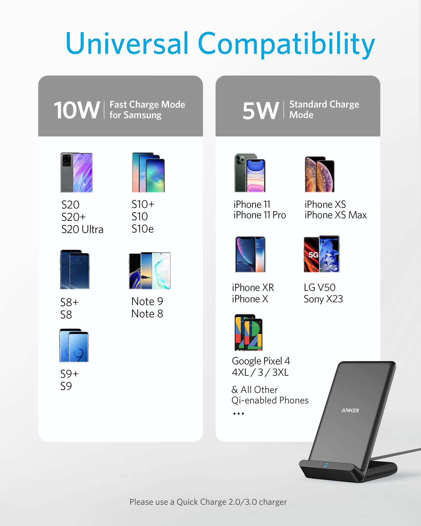 Anker 313 Wireless Charger (Stand), Qi Certified For Iphone 15/15 Pro/15 Pro Max/14/14 Pro Max, 10W Fast Charging Galaxy S20, S1