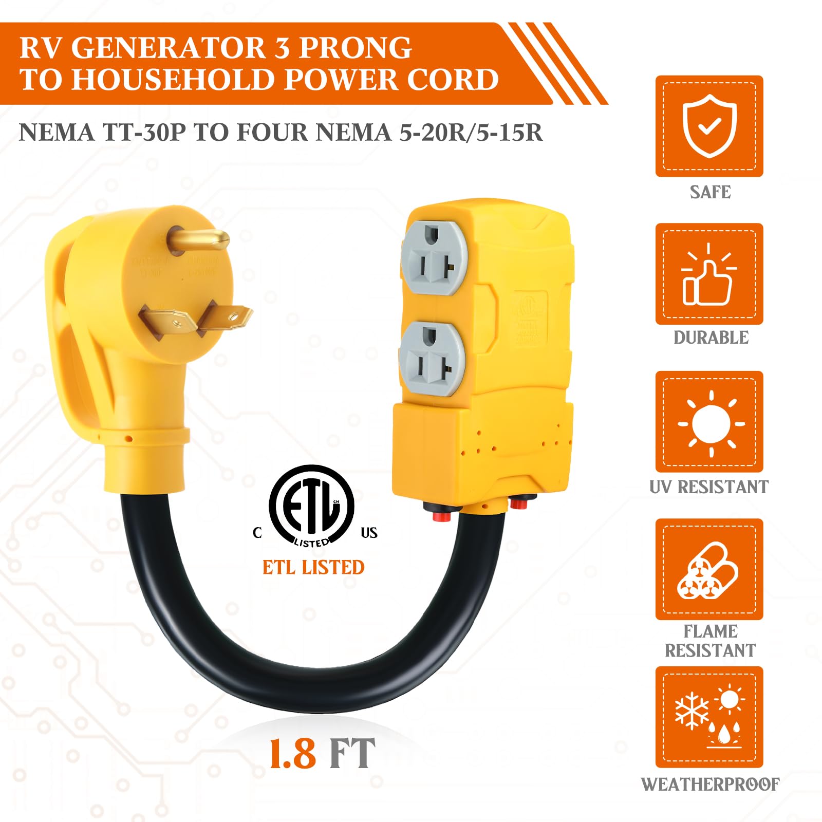 Kanayu 1.8 Ft 30 Amp To 20 Amp 110V Rv Generator Distribution Adapter Compatible With Nema Tt 30P To Nema 4X 5 20R/ 5 15R, 3 Pro
