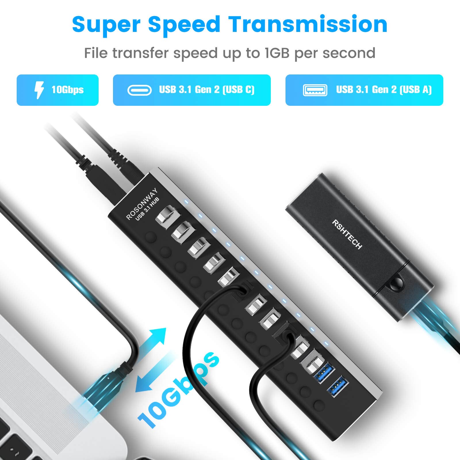 Powered Usb Hub Rosonway Aluminum 13 Port Usb 3.1/3.2 Gen 2 Hub 10Gbps With 72W (12V/6A) Power Adapter And Individual Switches,