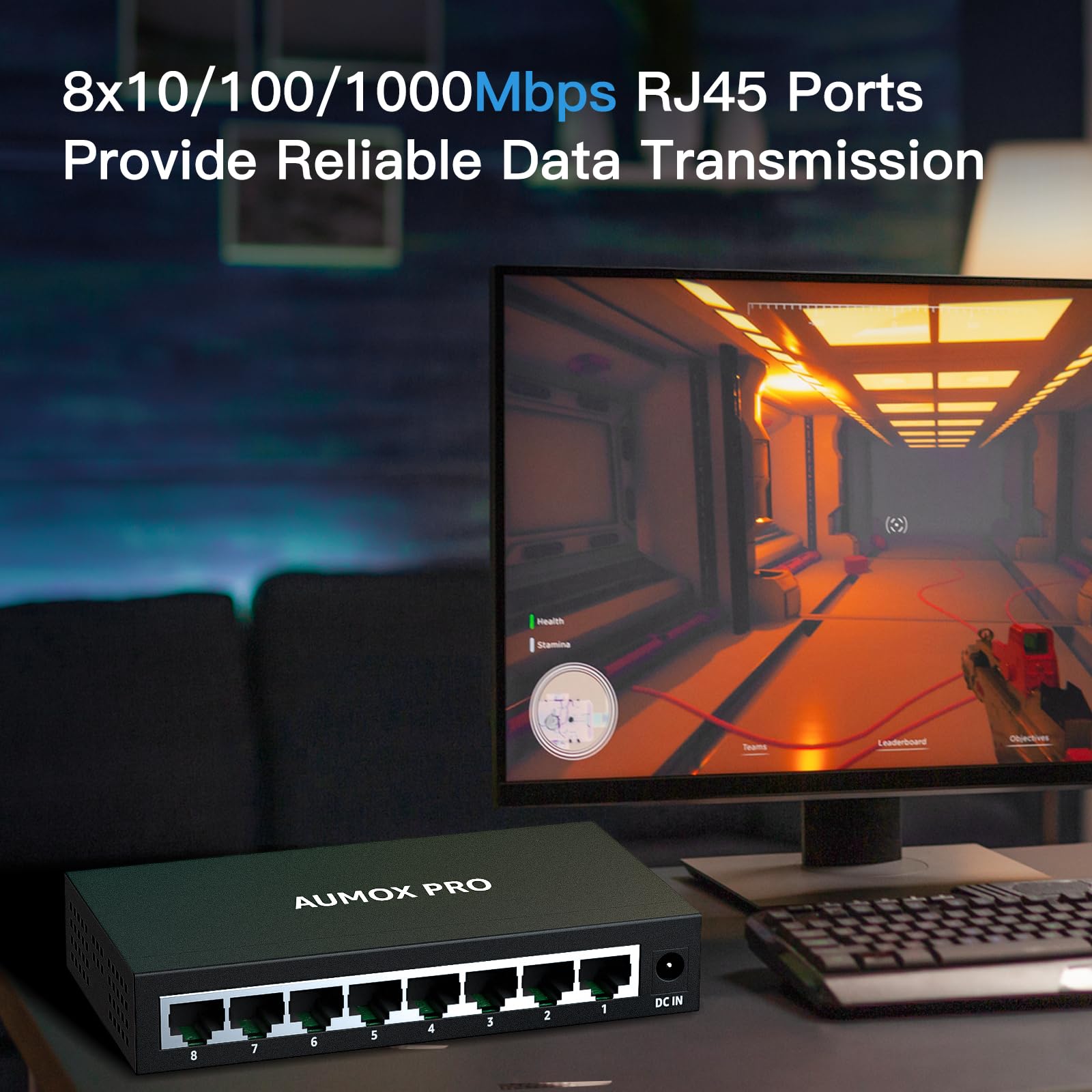 8 Port Gigabit Unmanaged Ethernet Switch, Aumox Pro Home Network Hub, Office Ethernet Splitter, Plug And Play, Silent Operation,