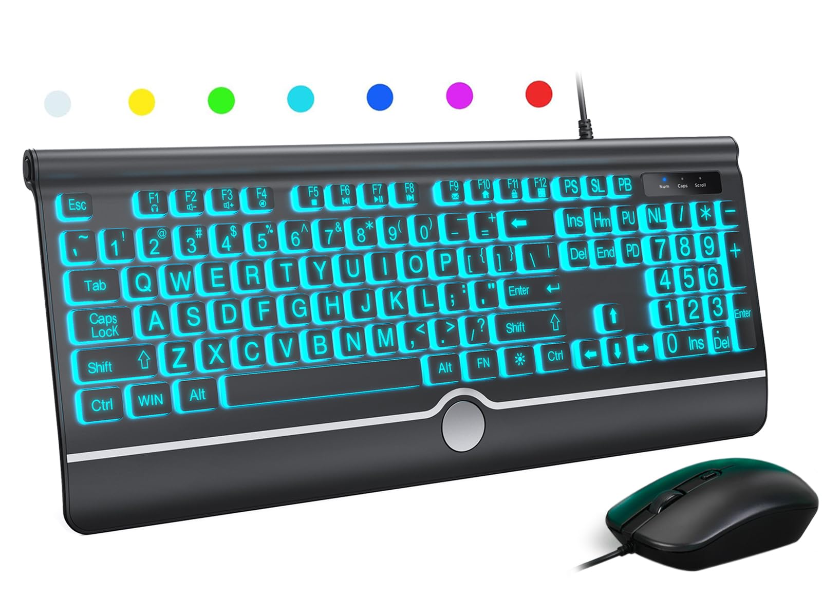 Wired Keyboard and Mouse Combo - Large Print Light Up Keyboard, USB Silent Wired Backlit Keyboard and Optical Mouse for Windows,