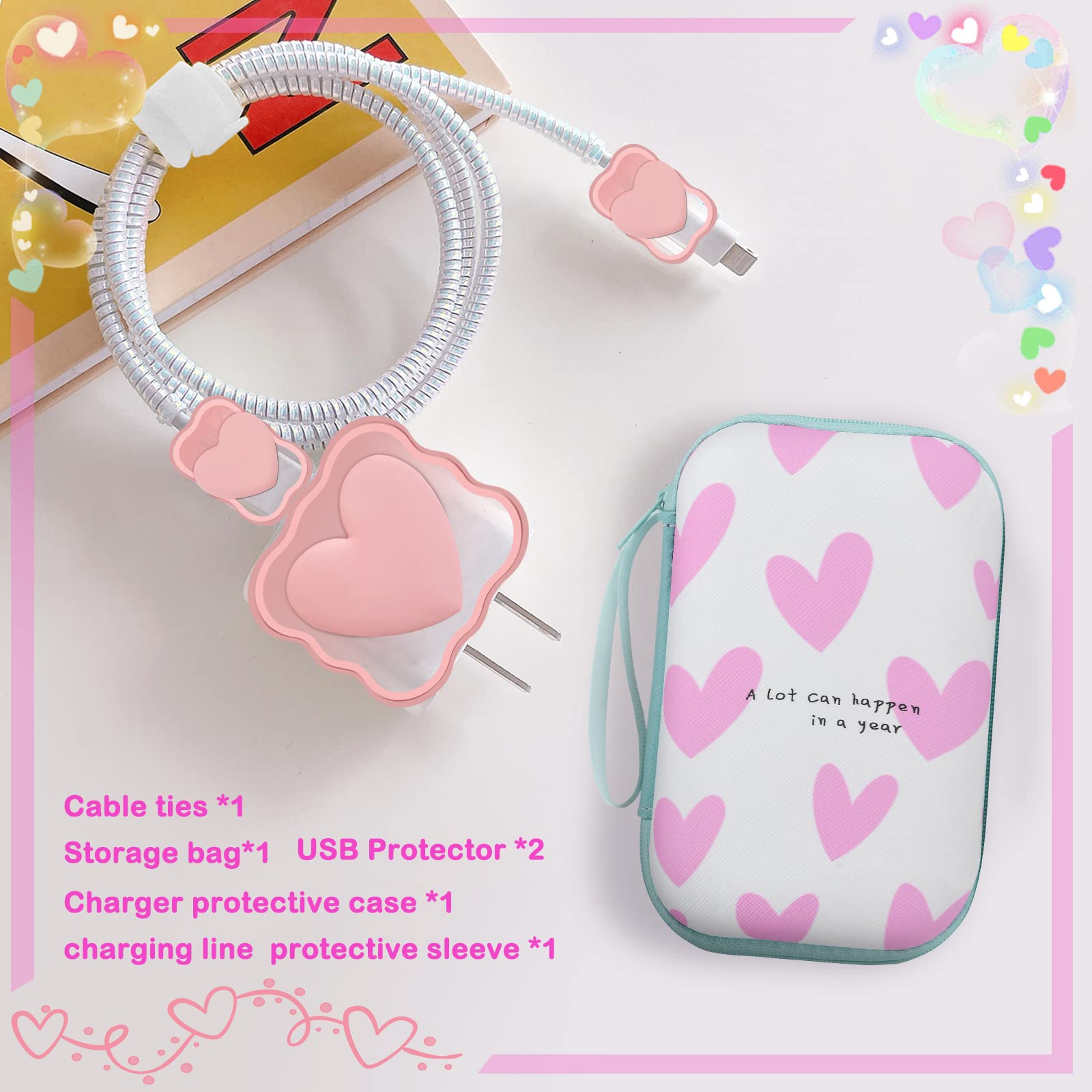 Phone Charger Storage Case Set With Pink Hearts Carrying Case Bag With Cute 3D Love Cable Protector Set, Travel Cable Organizer,