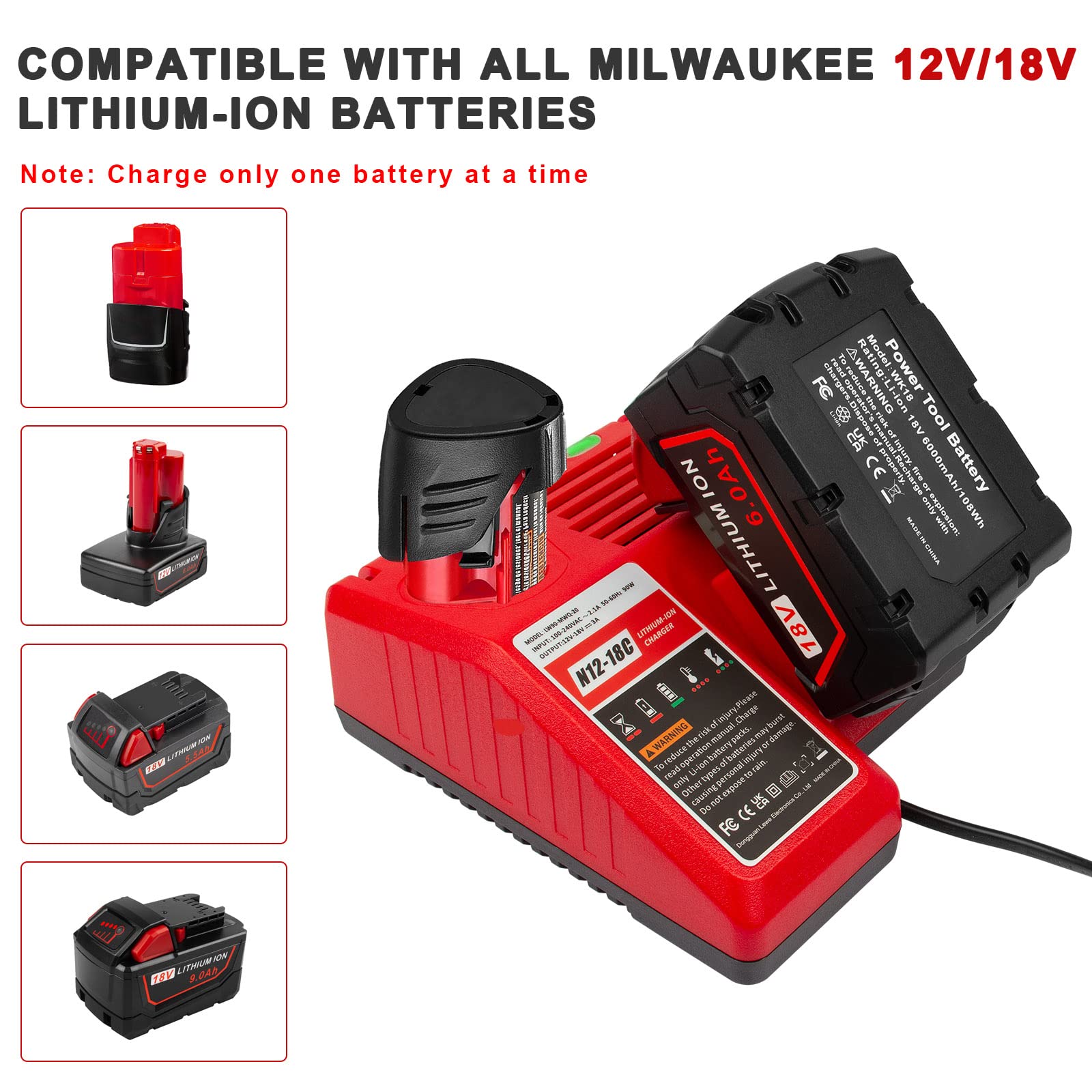 Replacement Rapid Charger For Milwaukee M12 And M18 Charger For 48 59 1812, M14 Xc Lithium Ion Battery 48 11 2420 48 11 2440 48