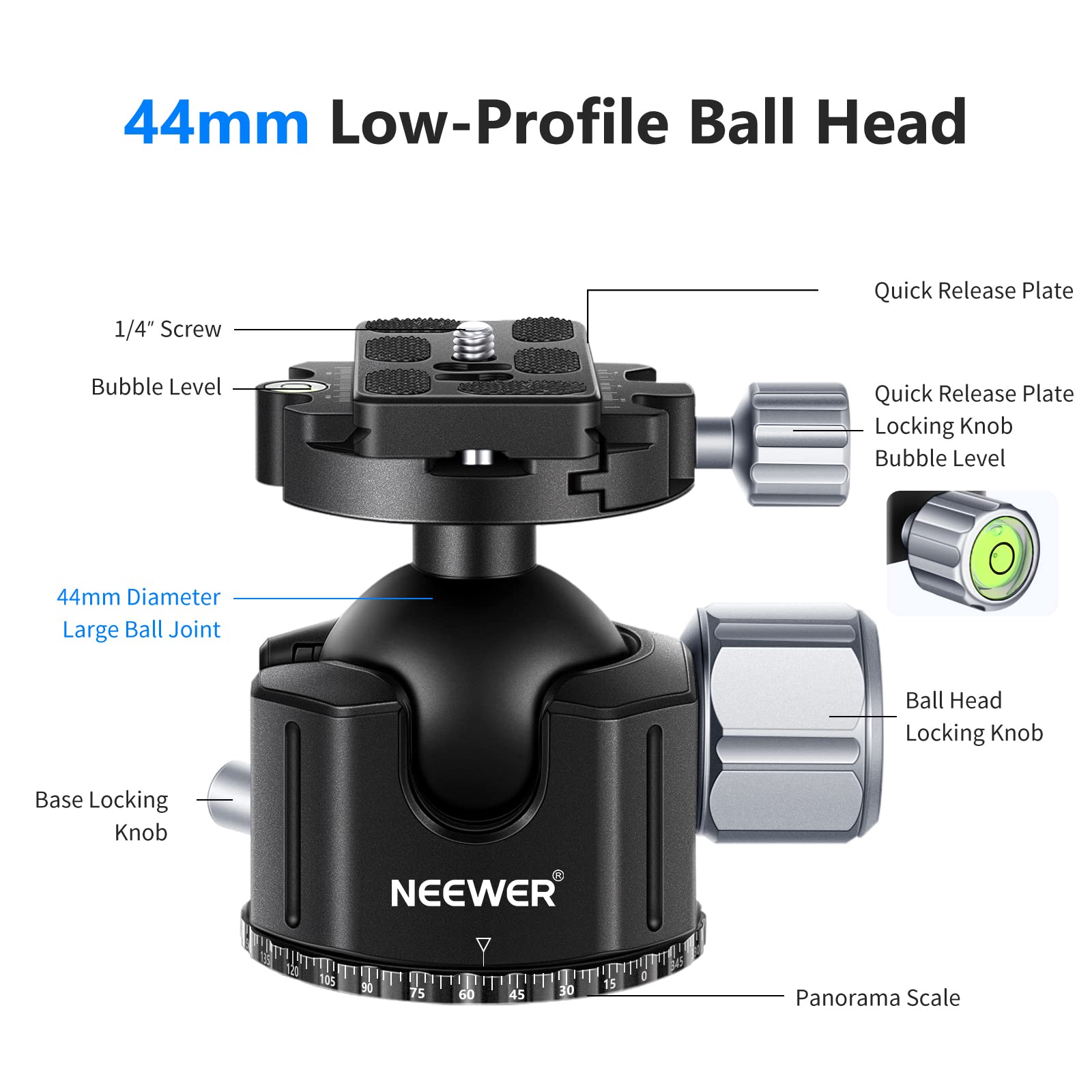 Neewer Low Profile Dslr Camera Tripod Ball Head, 44Mm All Metal Panoramic Camera Mount Tripod Head With 1/4    Quick Release Pla