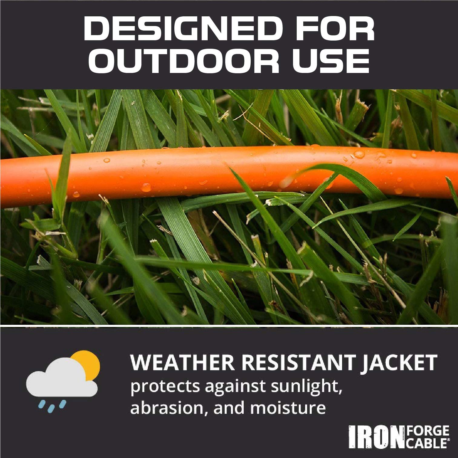 Iron Forge Cable Weatherproof 25 Ft Outdoor Extension Cord - 16/3 Sjtw 13 Amp Heavy Duty Highly Visible Orange Extension Cord 3