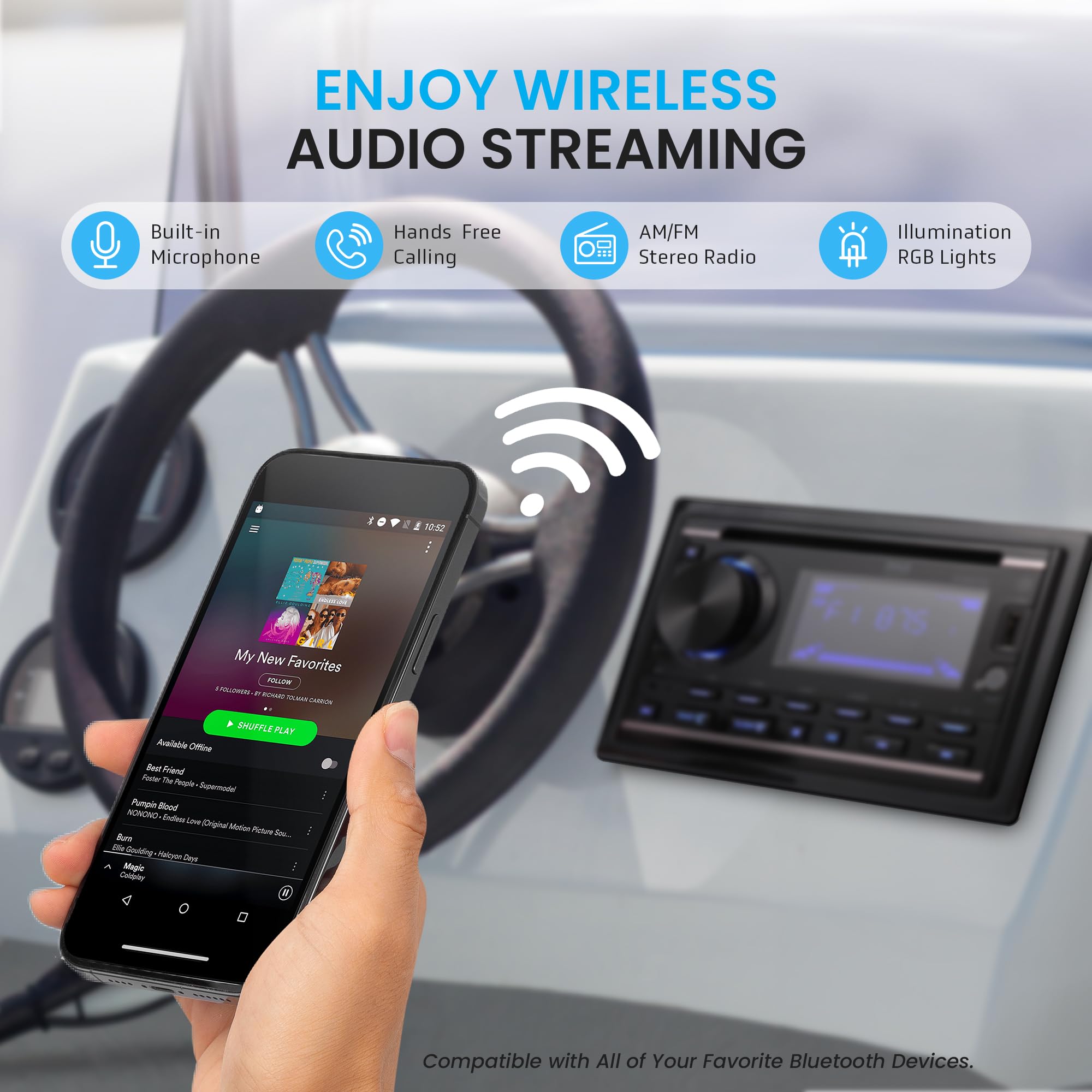 Pyle Double Din Marine Bluetooth Receiver Stereo - Am/Fm/Mp3/Usb/Aux 12V Power Amplifier With 30 Preset Memory Stations, Lcd Dis