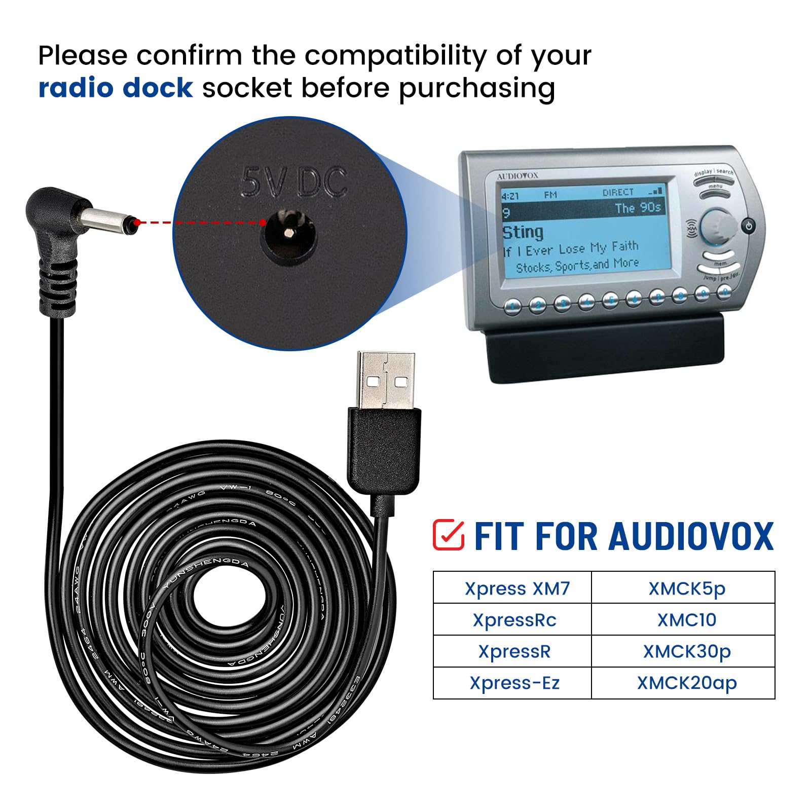 Anina 5V Usb Power Cord Cable, 5Ft Car Charger Connector For Sirius Xm Radio Dock For Delphi Myfi Xpress Audiovox Xmck Pioneer Inno Gex Xmp3I Airware Samsung Nexus Helix Stratus Sportster Starmate