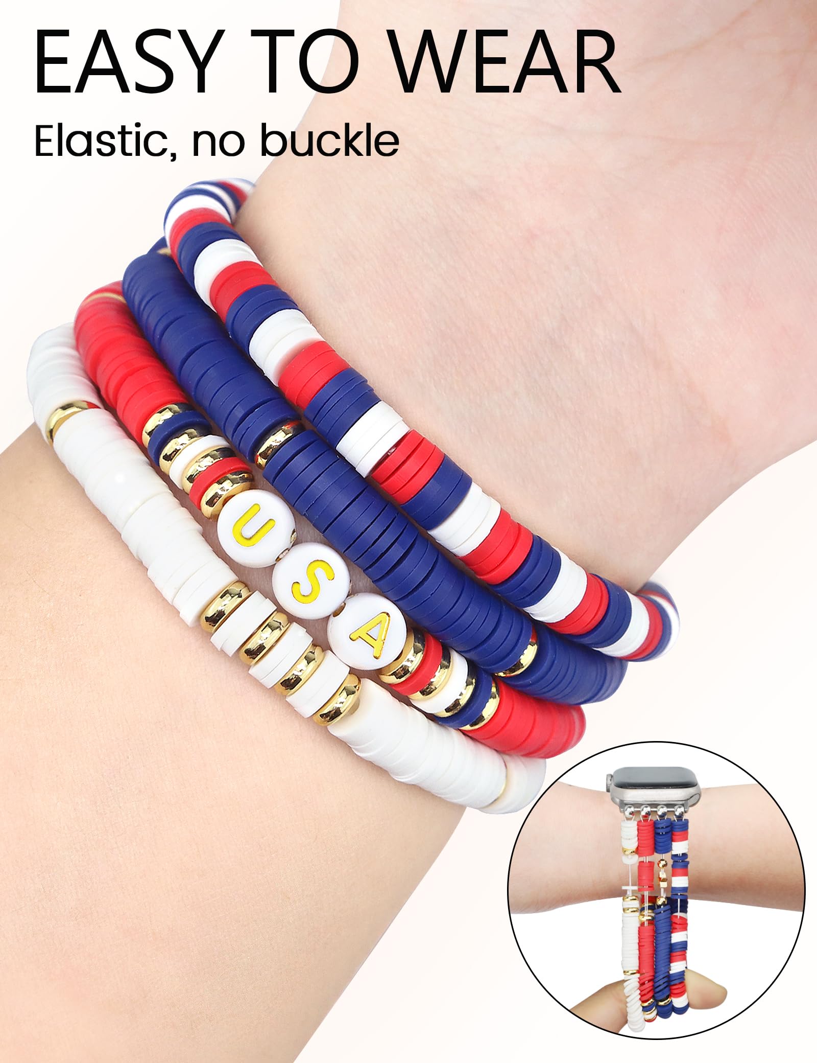 Jr.Dm Beaded Bracelet Compatible With Apple Watch 44Mm 42Mm 45Mm 46Mm For Women, Us America Flag Cute Preppy Handmade Elastic Wa