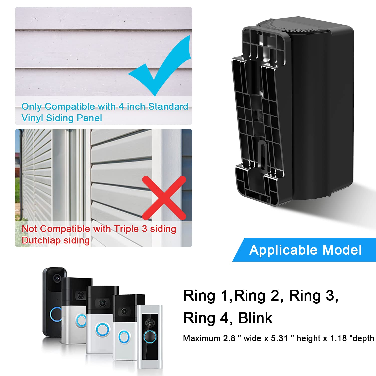 Vinyl Siding Mount Compatible With Blink Doorbell , Ajustable Angle 30 140 Degree (4'' Standard Vinyl Siding Only) Bracket, Acce