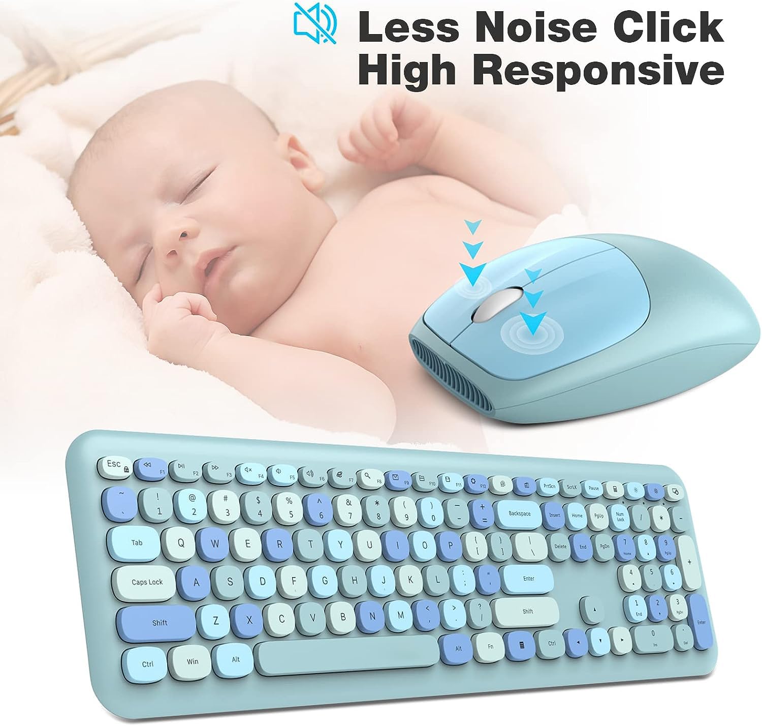 Knowsqt Wireless Keyboard And Mouse Combo, Pale Blue Full Sized 2.4G Silent Keycap Colorful Keyboards, Usb Dongle Plug Play, Lap