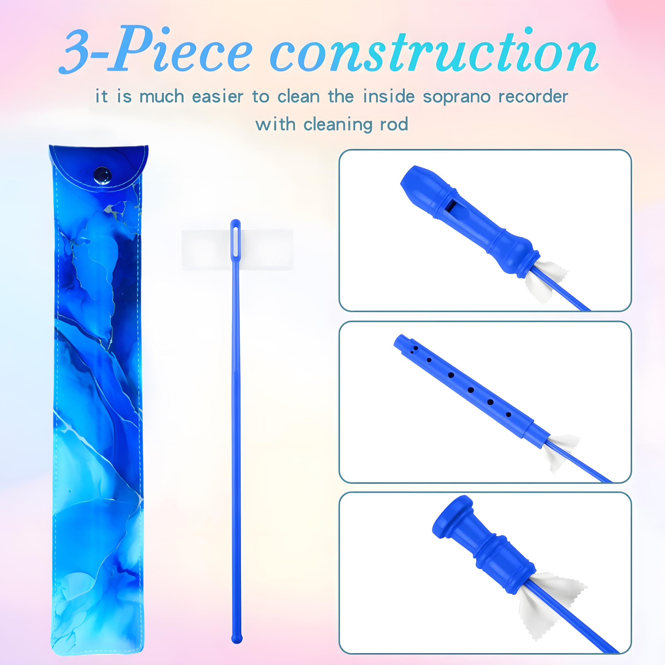 Soprano Recorder For Kids Beginners, German Fingering, C Key, 3 Piece With Cleaning Rod, Bag, Fingering Chart (Blue)