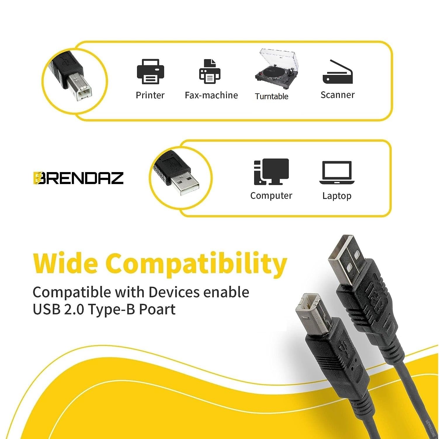 Brendaz Compatible Usb Cable For Epson Expression Et 2750, Xp 7100 Inkjet Printer, Usb 2.0 Type A Male To Type B Male Cable (10