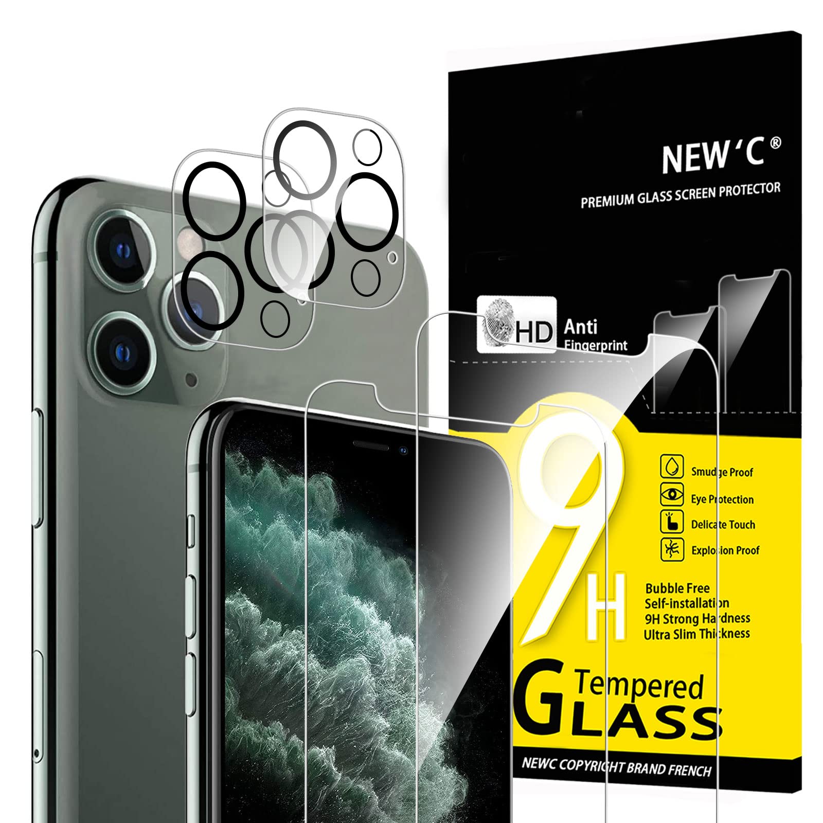 New'C 4 Pack, 2 Pack Screen Protector For Iphone 11 Pro Max + 2 Pack Camera Lens Protector, Sensor Protection,Case Friendly Temp