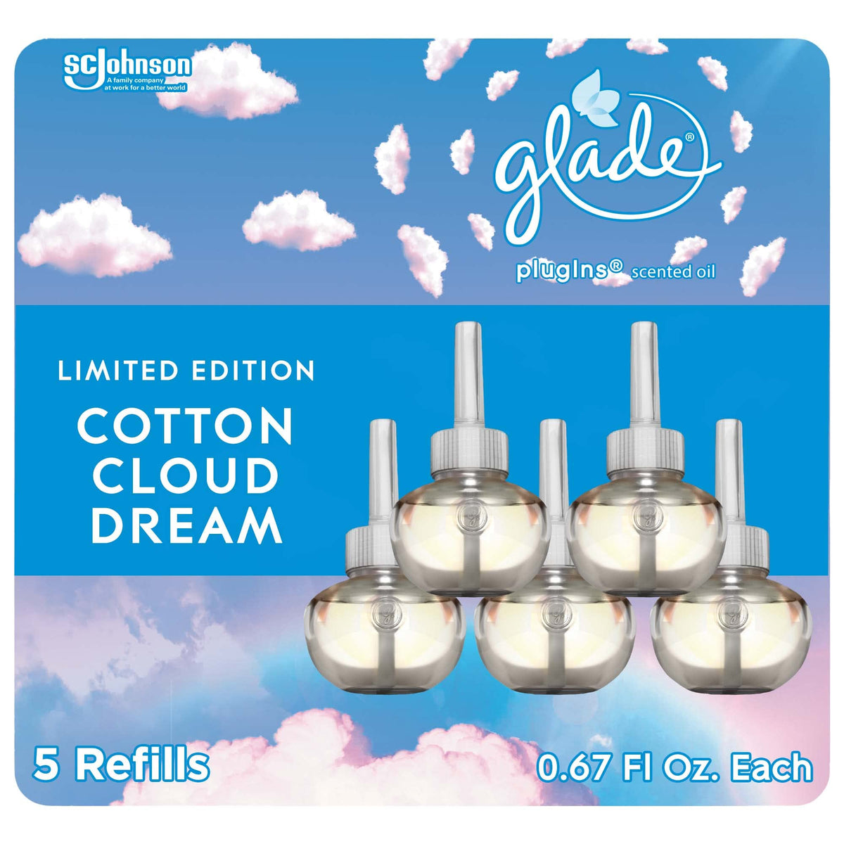 Glade Plugins Refills Air Freshener, Scented And Essential Oils For Home And Bathroom, Cotton Cloud Dream, 3.35 Fl Oz, 5 Count