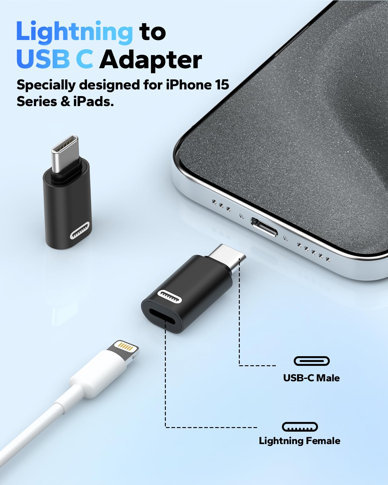 MoKo Lightning Female to USB C Male Adapter, 2Pack USB C to Lightning Adapter for iPhone 15/16 Pro/16 Pro Max/Plus,Galaxy S24, iPad Pro/Air,for Fast Charging/Data Transfer, Not for Audio/OTG, Black PD