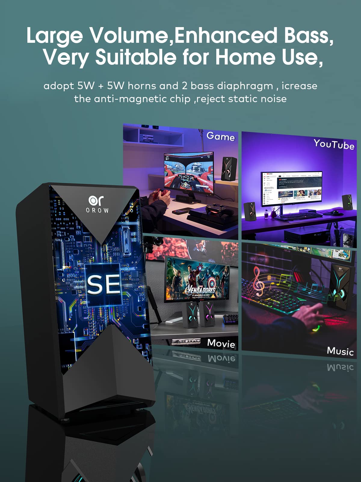 Orow Computer Speakers, Desktop Speakers With Various Colorful Led, 10W Gaming Speakers With Volume Control,Rgb Computer Speaker