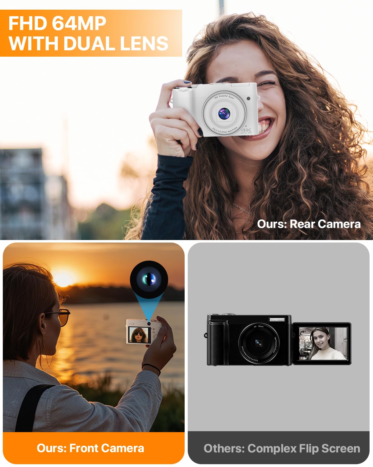 4K Digital Camera, 64Mp Dual Cameras For Photography Autofocus Anti Shake, Video Vlogging Camera For Youtube, Compact Travel Cam