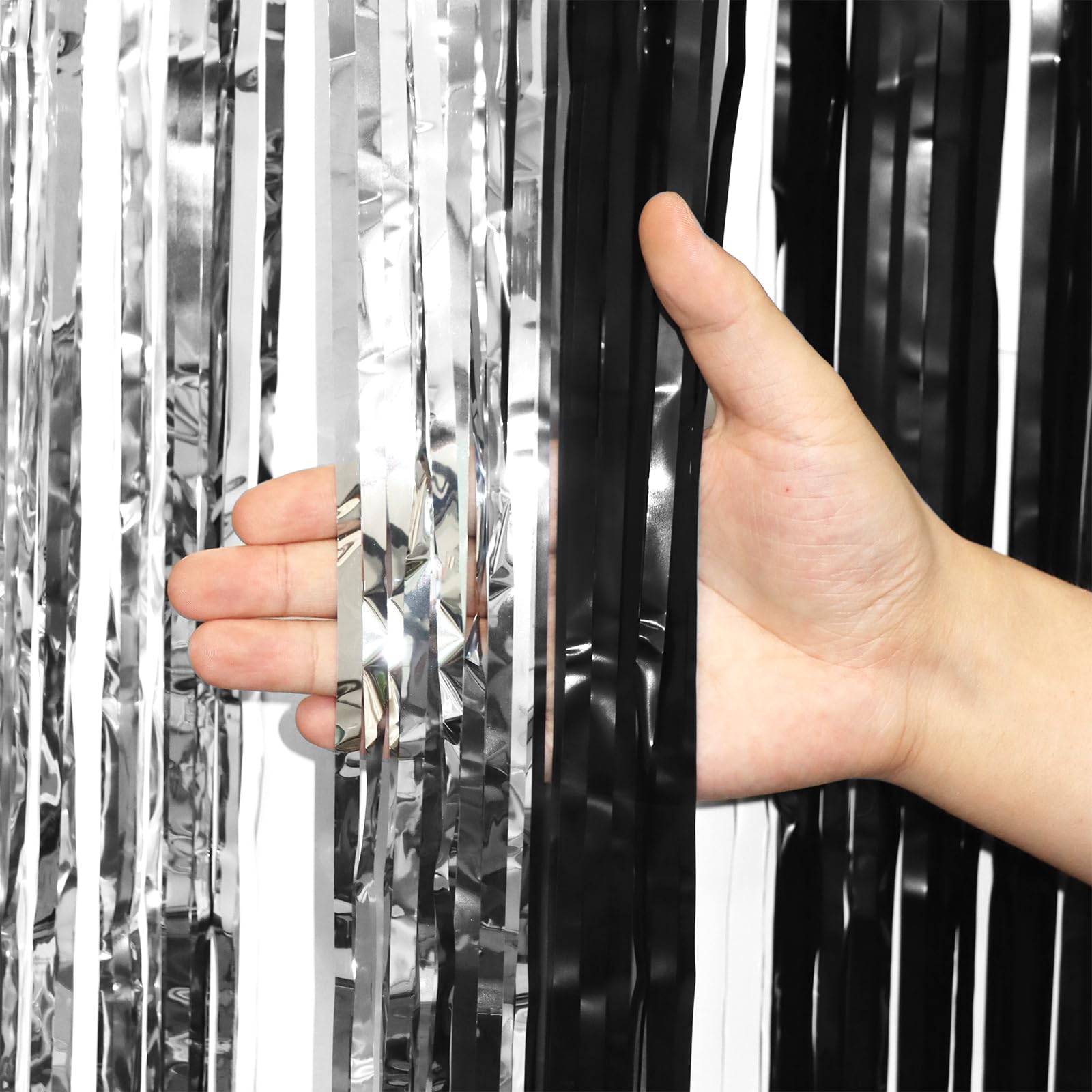 Voircoloria 2 Pack Black And Silver Tinsel Foil Fringe Curtains, Black White Party Decorations, Metallic Tinsel Party Streamers