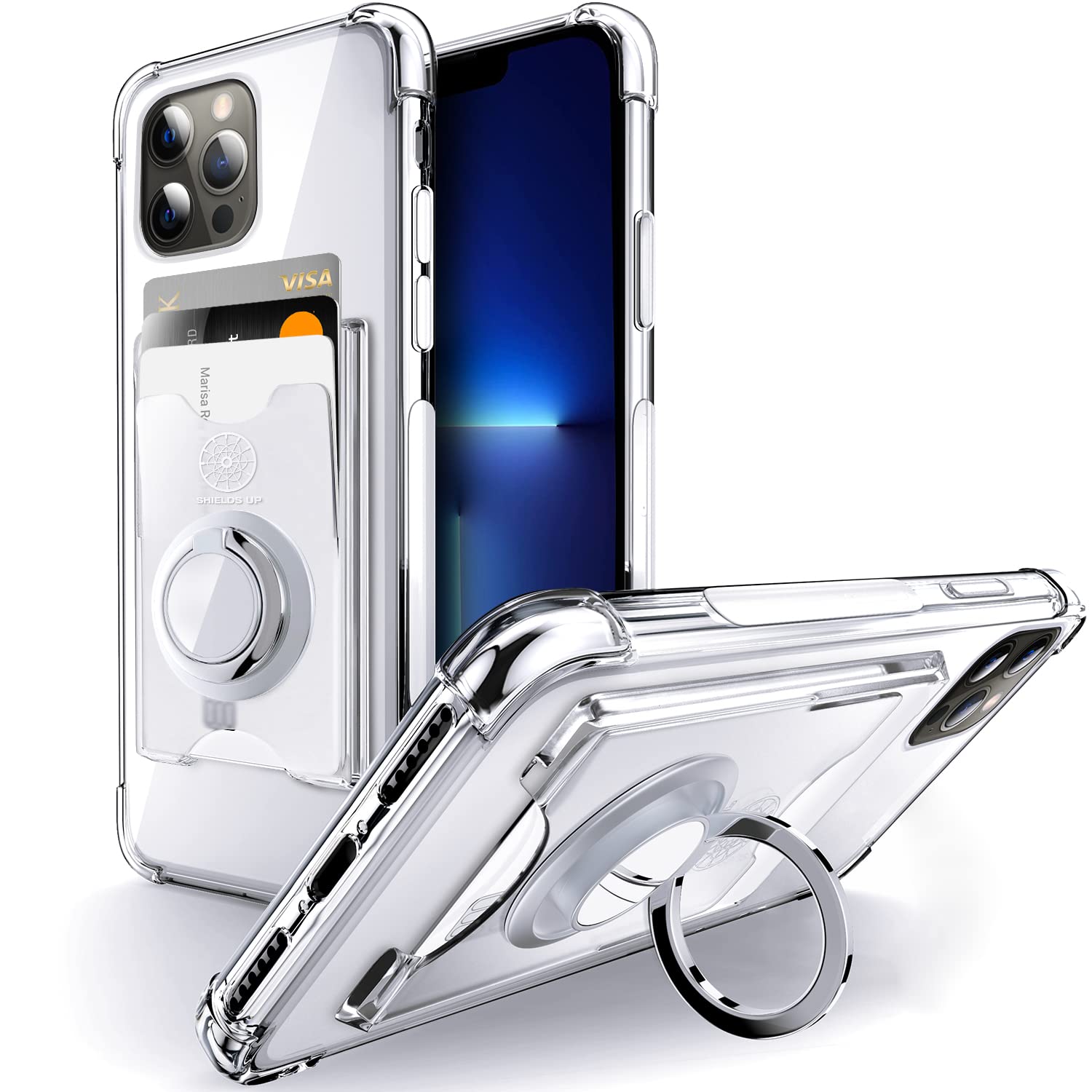 Shields Up Designed for iPhone 12 Case/iPhone 12 Pro Case, Minimalist Wallet Case with Card Holder [3 Cards] & Ring Stand, Slim 