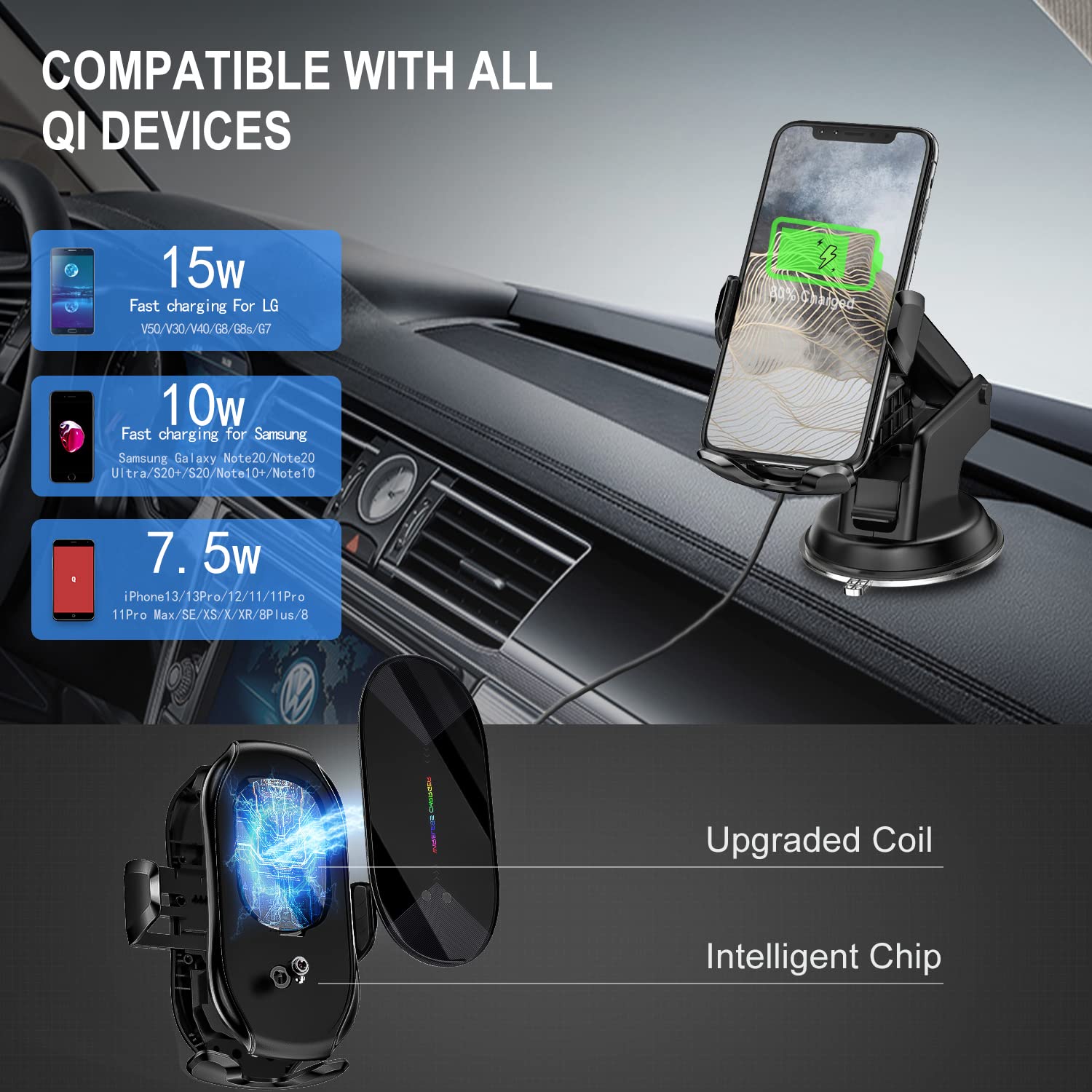 Yitumu Wireless Car Charger Mount,15W Qi Fast Charging Auto-Clamping Car Phone Holder, Air Vent Windshield Dashboard Car Phone M