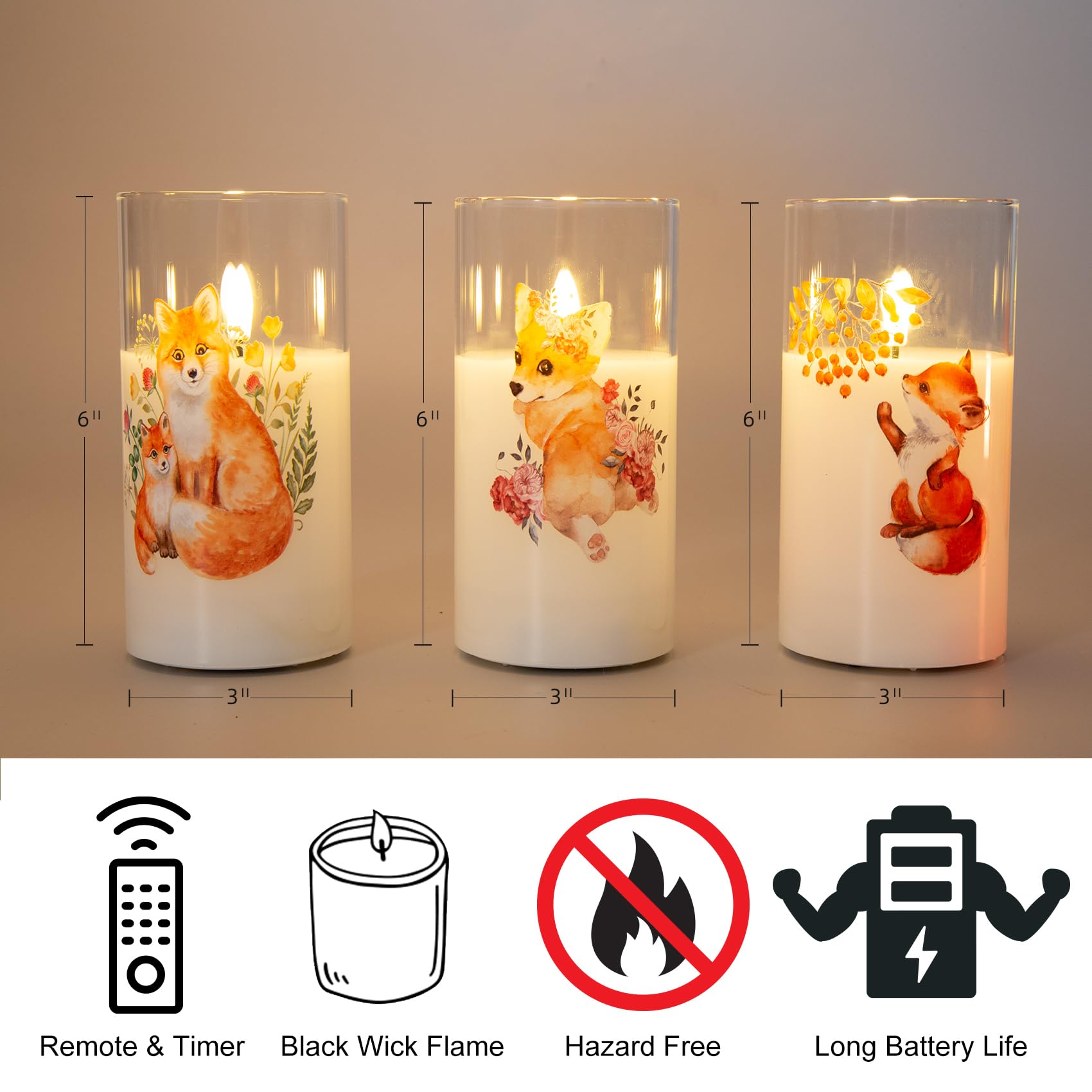 Eywamage Fox Puppy Flameless Candles In Glass Jars, Flickering Battery Led Pillar Candles With Remote Set Of 3