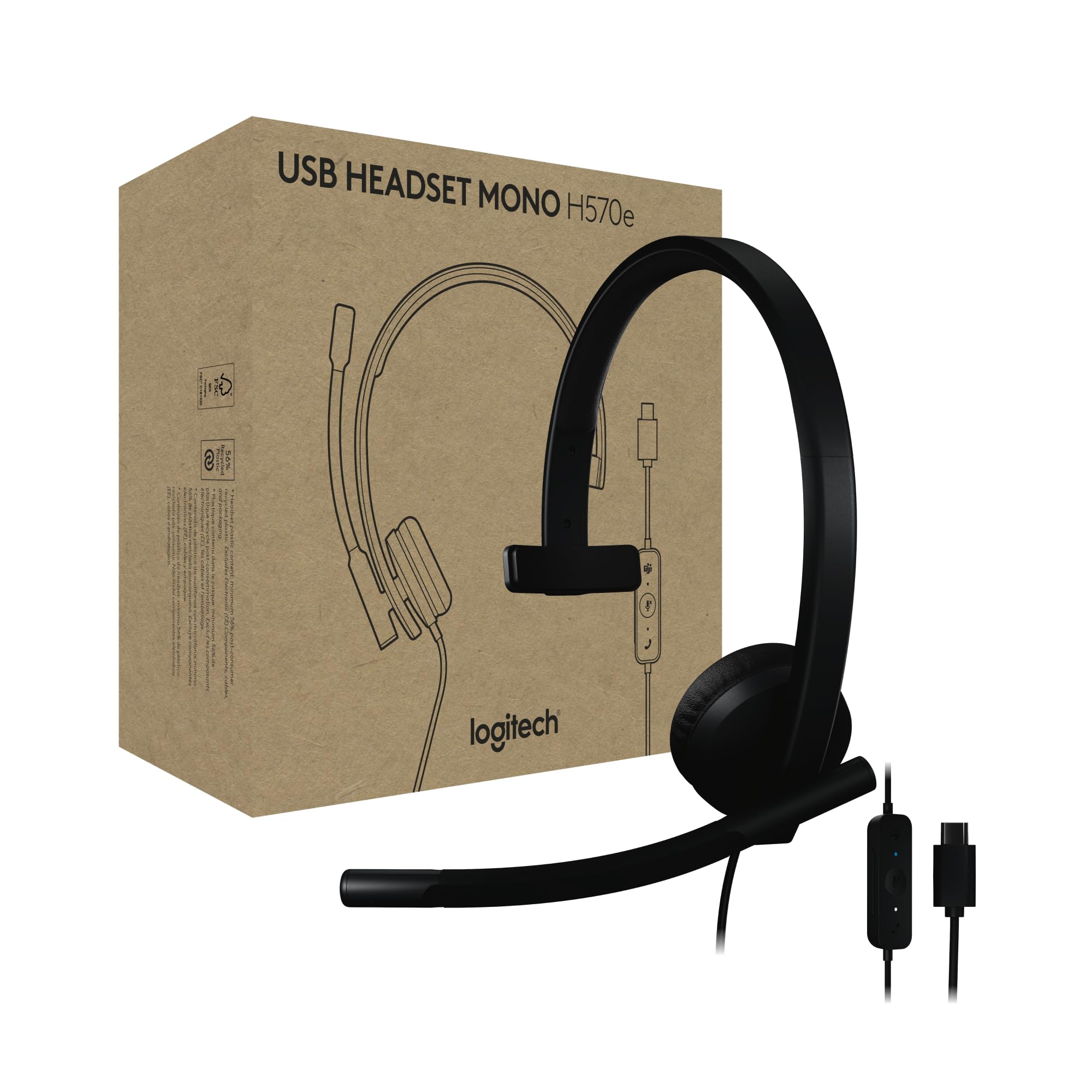 Logitech H570E Usb Headset With Microphone For Pc And Mac, Usb-C Wired Headset With Mono Sound, Noise-Canceling Mics And Inline 