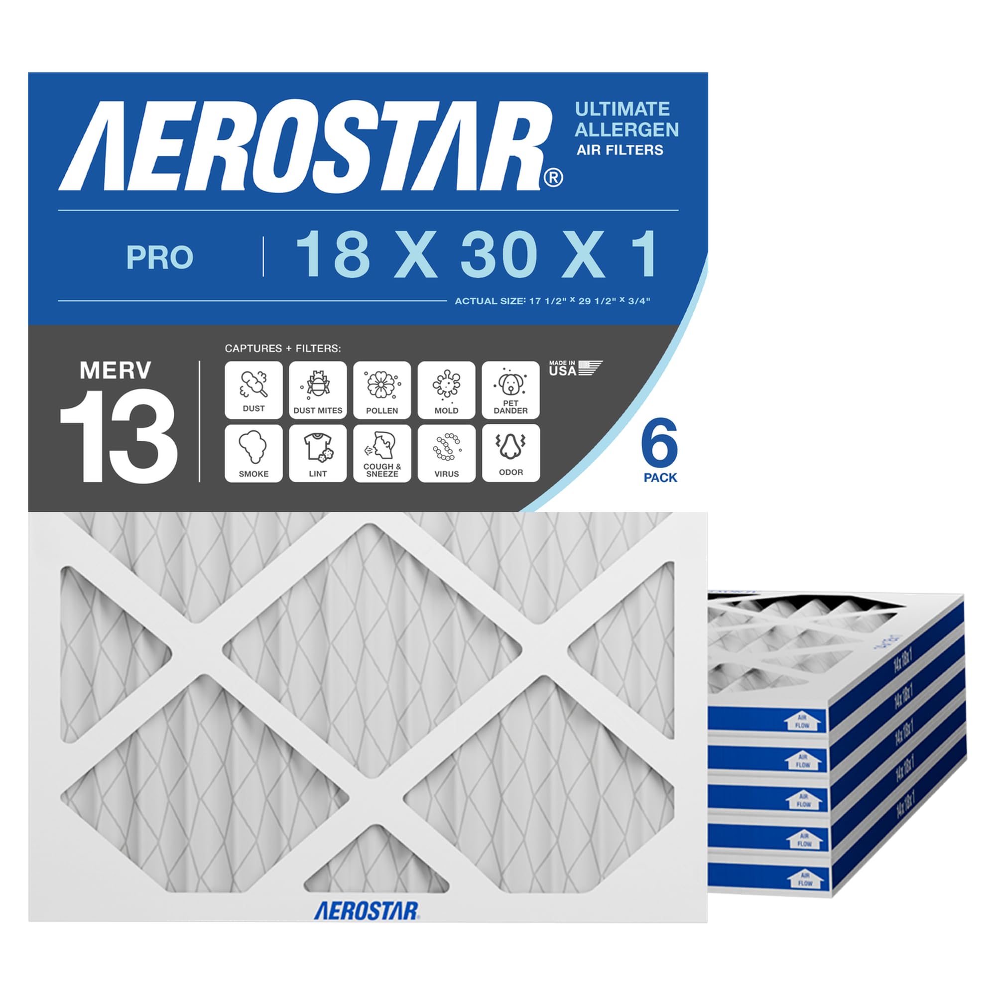 Aerostar 18x30x1 MERV 13 Pleated Air Filter, AC Furnace Air Filter, 6 Pack (Actual Size: 17 3/4 x 29 3/4 x 3/4)