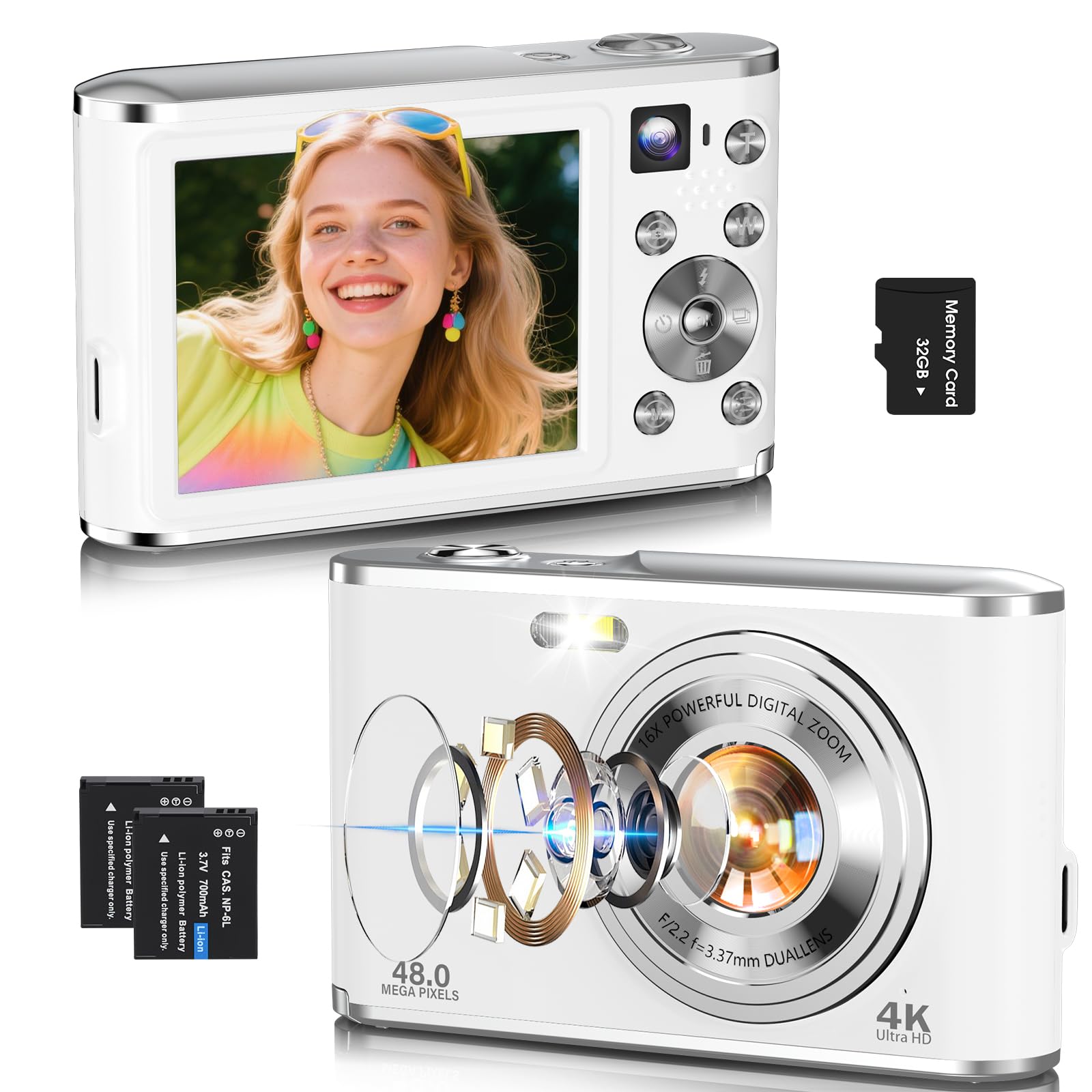 4K Digital Camera, Autofocus 48MP Vlogging Camera for Photography Compact Point and Shoot Digital with 16X Zoom, 32GB Card, 2.8 