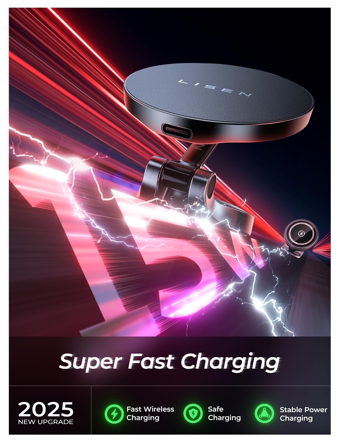 Lisen For Magsafe Car Mount Charger, 15W Fast Charging Ultra Magnetic Car Phone Holder [Mini & Metal], 2024 Wireless Magsafe Car