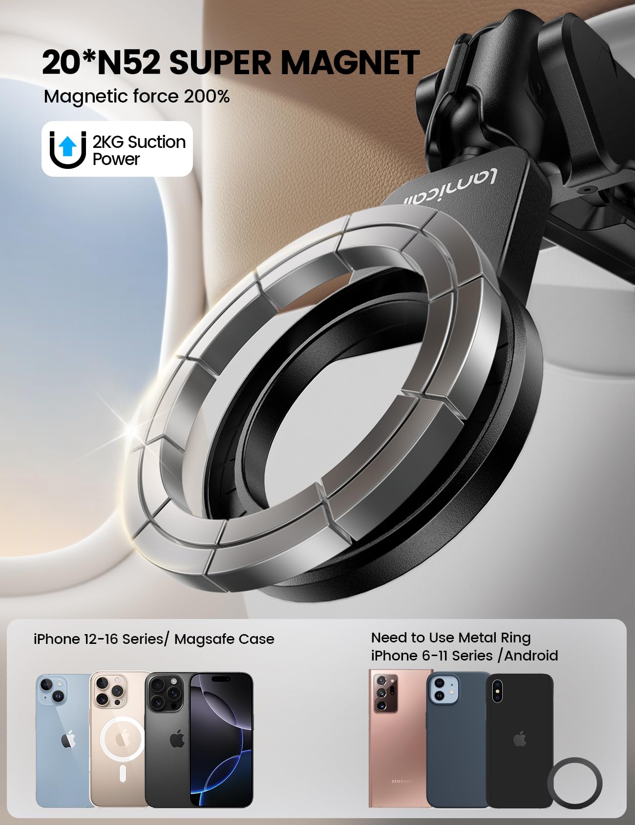 Lamicall For Magsafe Airplane Phone Holder, Airplane Travel Essentials For Flying Plane, Handsfree Airport Phone Mount Long Flig