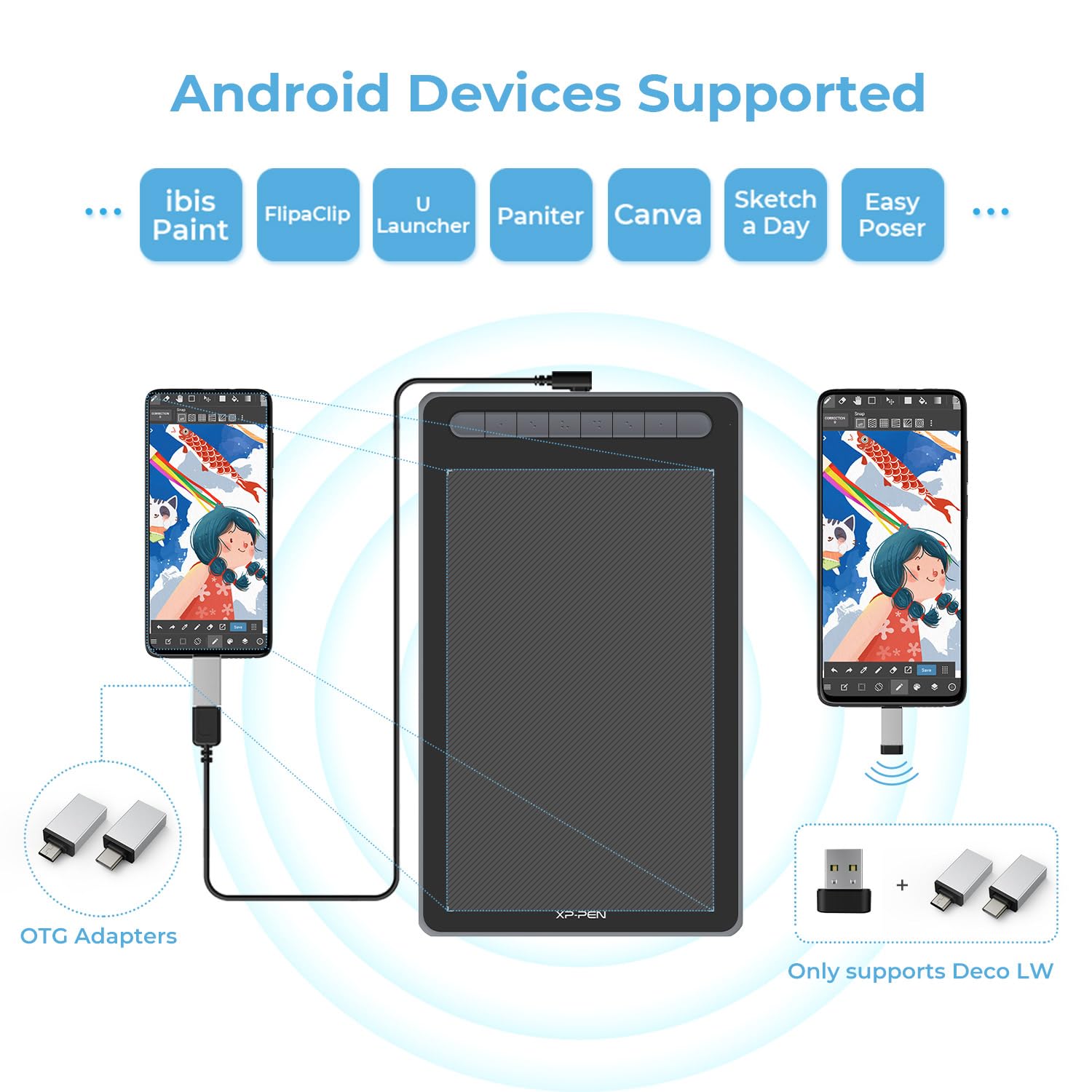 Xppen Deco Lw Wireless Drawing Tablet- 10X6 Bluetooth Graphic Tablet With Battery-Free X3 Digital Stylus Wireless Drawing Pad Co