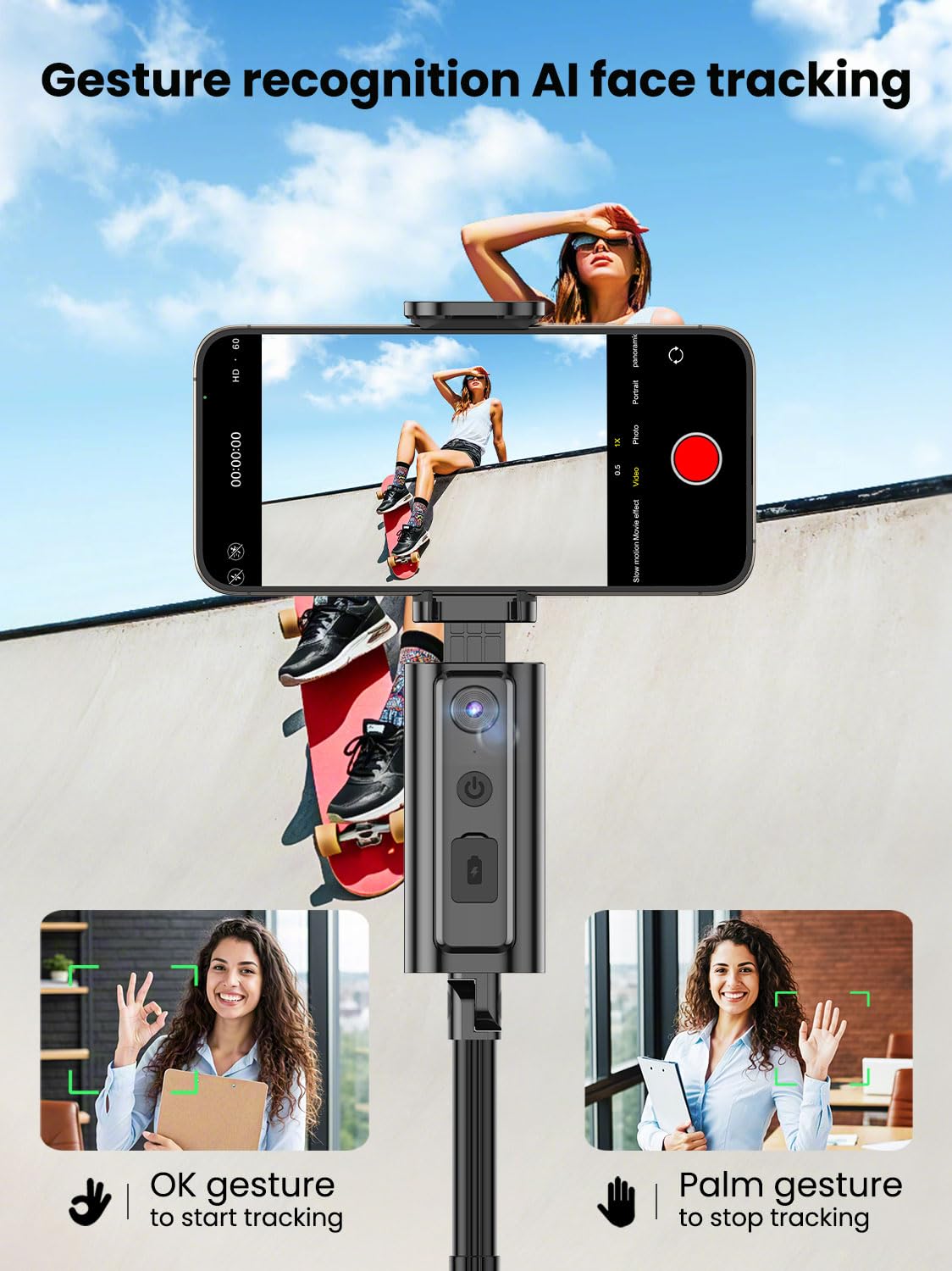 Aochuan Auto Face Trackingtripod, W/Gesture Control For Iphone,Extendable Pole, 360 Rotating Selfie Stick,Wireless Remote,Video