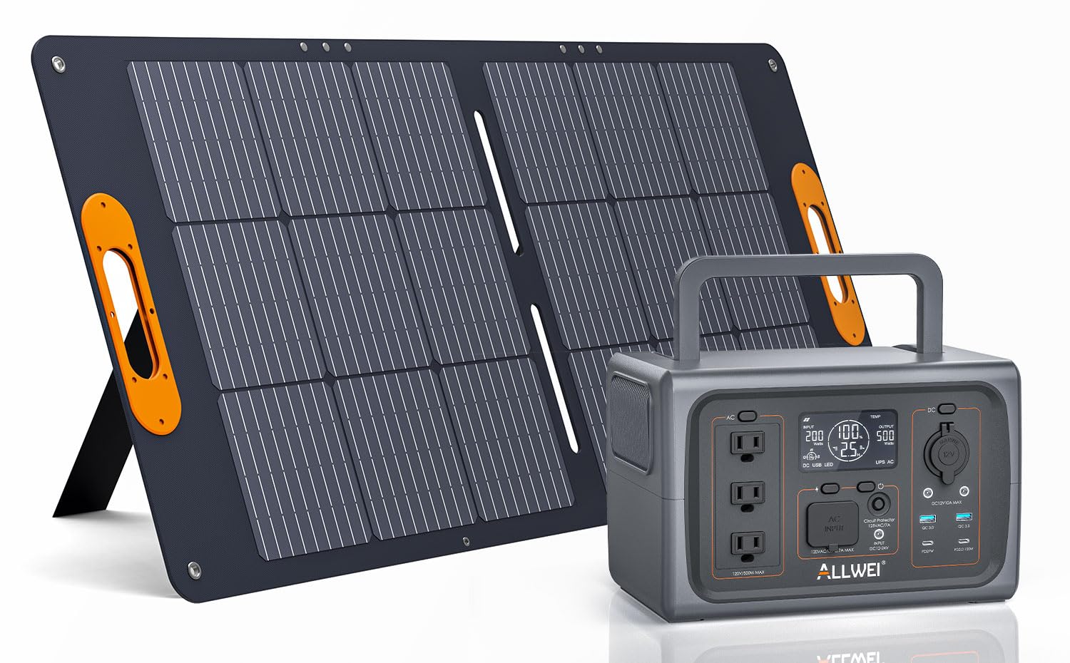 Allwei 500W Solar Generator With 100W Solar Panel, 512Wh Lifepo4 Portable Power Station With 3 Ac Outlets(1000W Surge), Battery
