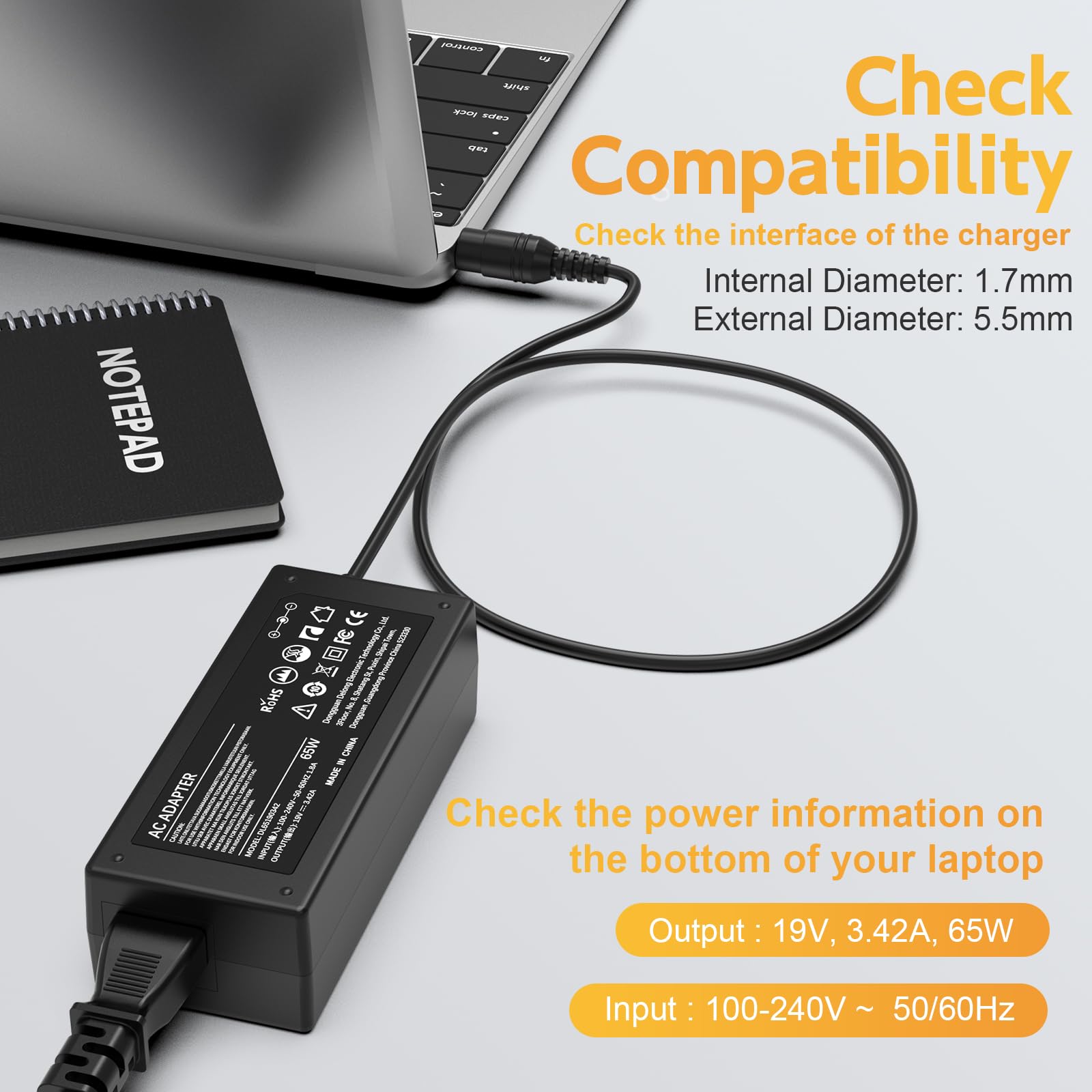 65W Laptop Charger For Acer Aspire 5 A515 43, A515 51, A514 52; A515 43 R19L, A515 43 R5Re, A515 51 58Hd, A515 51G 84Sn, A515 52 78Md, A515 51G 53V6, A515 53K Power Cord Supply