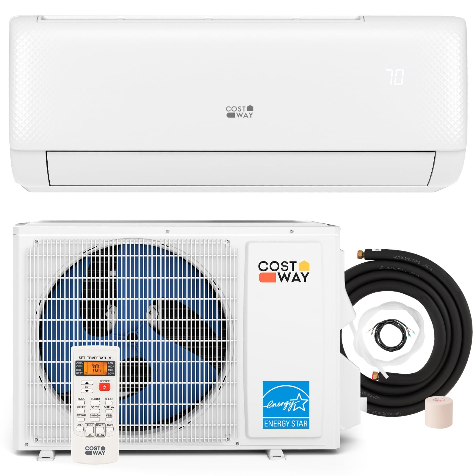 COSTWAY 18,000 BTU Mini Split Air Conditioner, Energy Star, with Heat Pump, 21 SEER2 Inverter Split AC Unit with 24H Timer, Remo