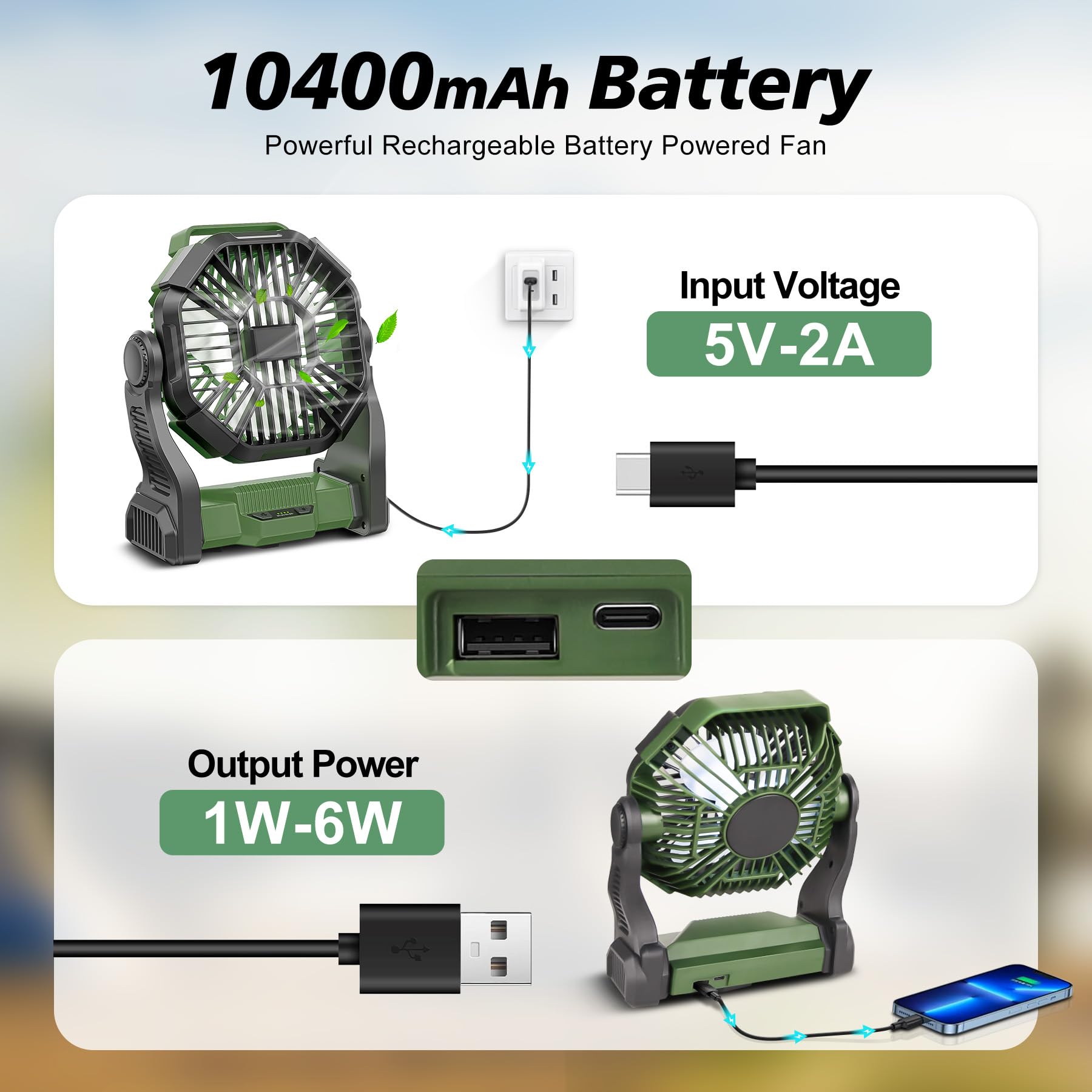 Conbola Portable Rechargeable Camping Fan For Tent With Led Lantern, 10 Inch Battery Operated Outdoor Fan With Hanging Hook, 270