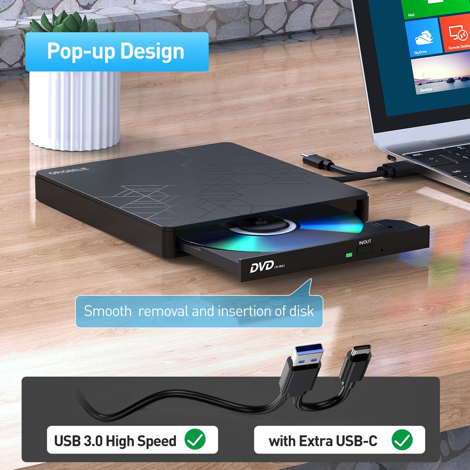 ORIGBELIE External DVD Drive USB 3.0 Type C CD/DVD ROM +/-RW, Black, Model BT668, Compatible with Mac, Windows, Linux