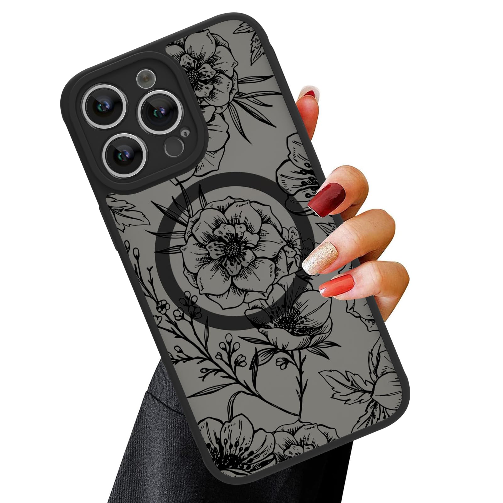 Ook Magnetic For Iphone 12 Pro Max Case Black Flower Floral Pattern [Compatible With Magsafe] Slim Translucent Matte Camera Lens