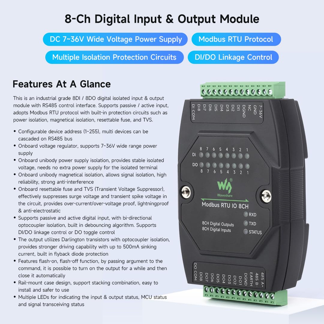 Waveshare 8-Ch Digital Input & Output Module, Modbus RTU, DC 7-36V, Copper, Rail-Mount, Multiple Isolation Protection