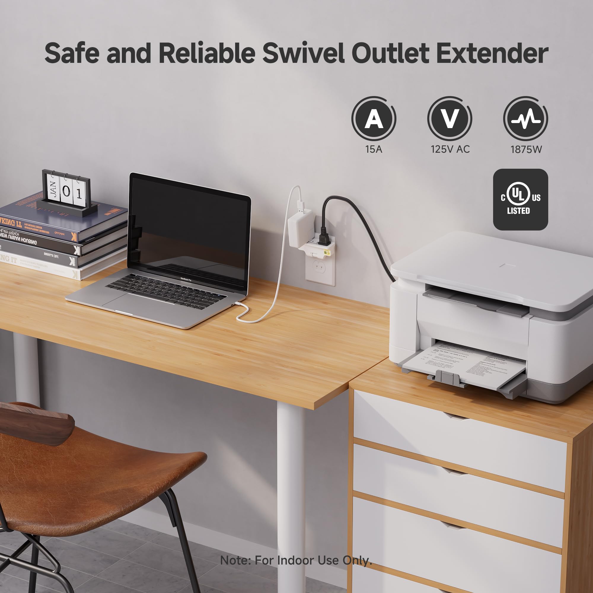 [Ul Listed] Cable Matters 3 Pack 2 Prong 3 Outlet 180 Degree Swivel Wall Tap, 2 Prong Plug Extender, Multi Plug Outlet Adapter,