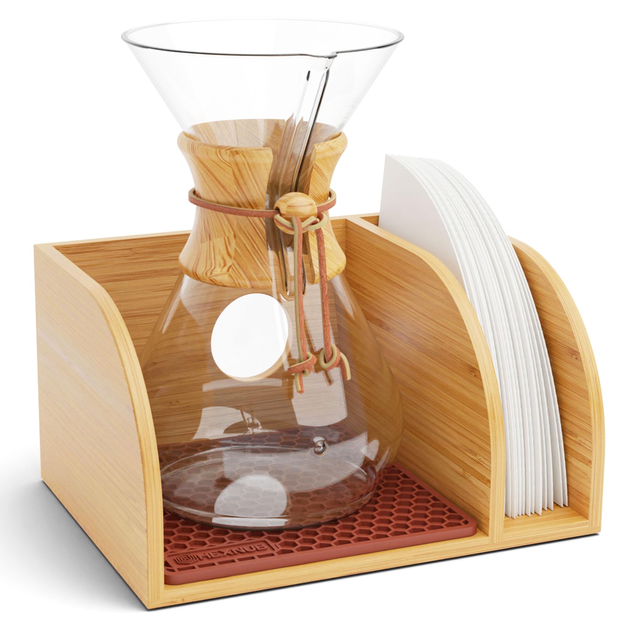Hexnub   Caddy For Pour Over Coffee Maker, Bamboo Stand Fits Chemex, Bodum, Cosori Coffee Carafes, Heatproof Mat, Filter Holder 