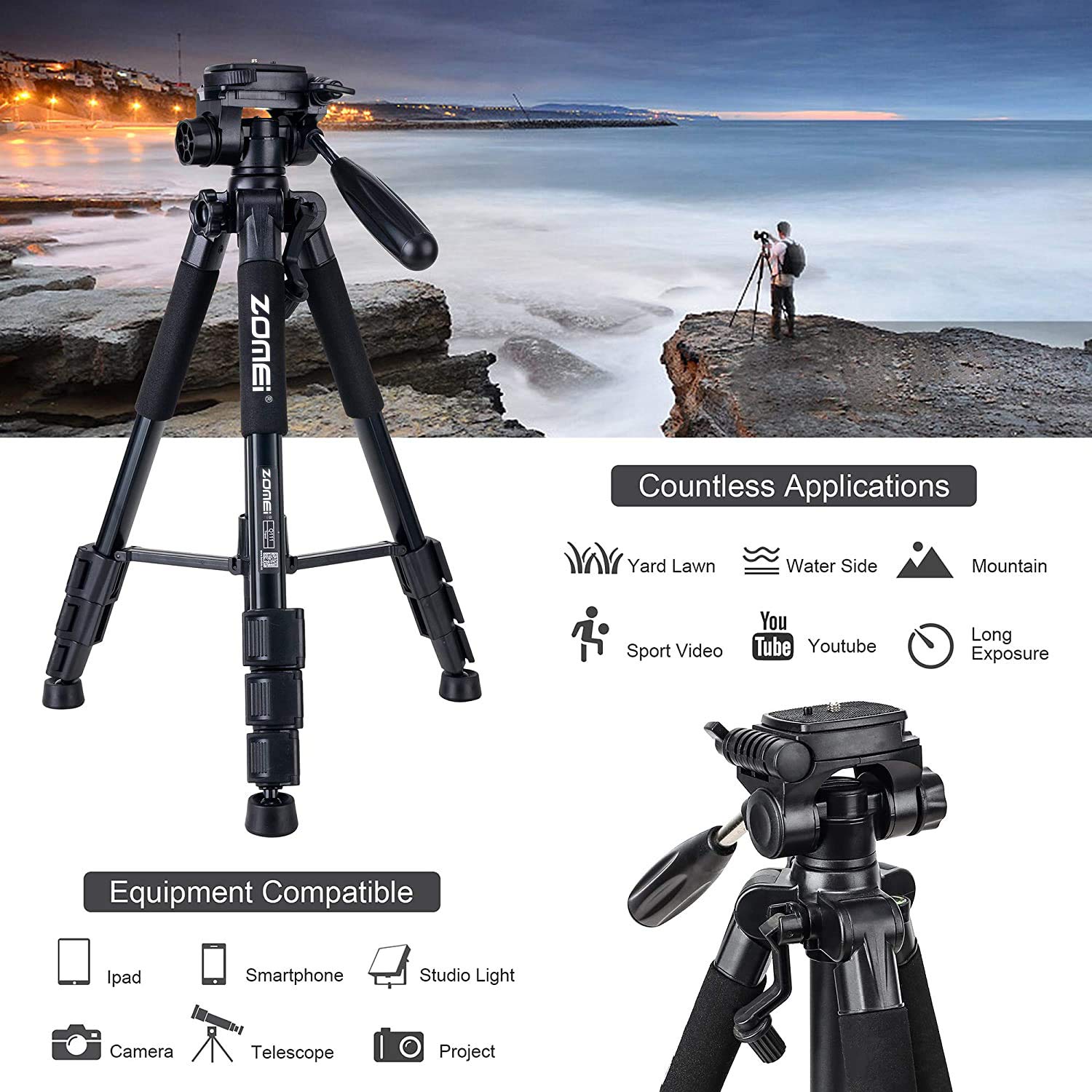 Camera Tripod 55 Inch Q111 With Phone Holder,Cell Phone Tripod Stand Protable Lightweight For Canon Nikon Sony Dslr Projector Webcam Spotting Scopes Gopro And Smartphones Live(Black)
