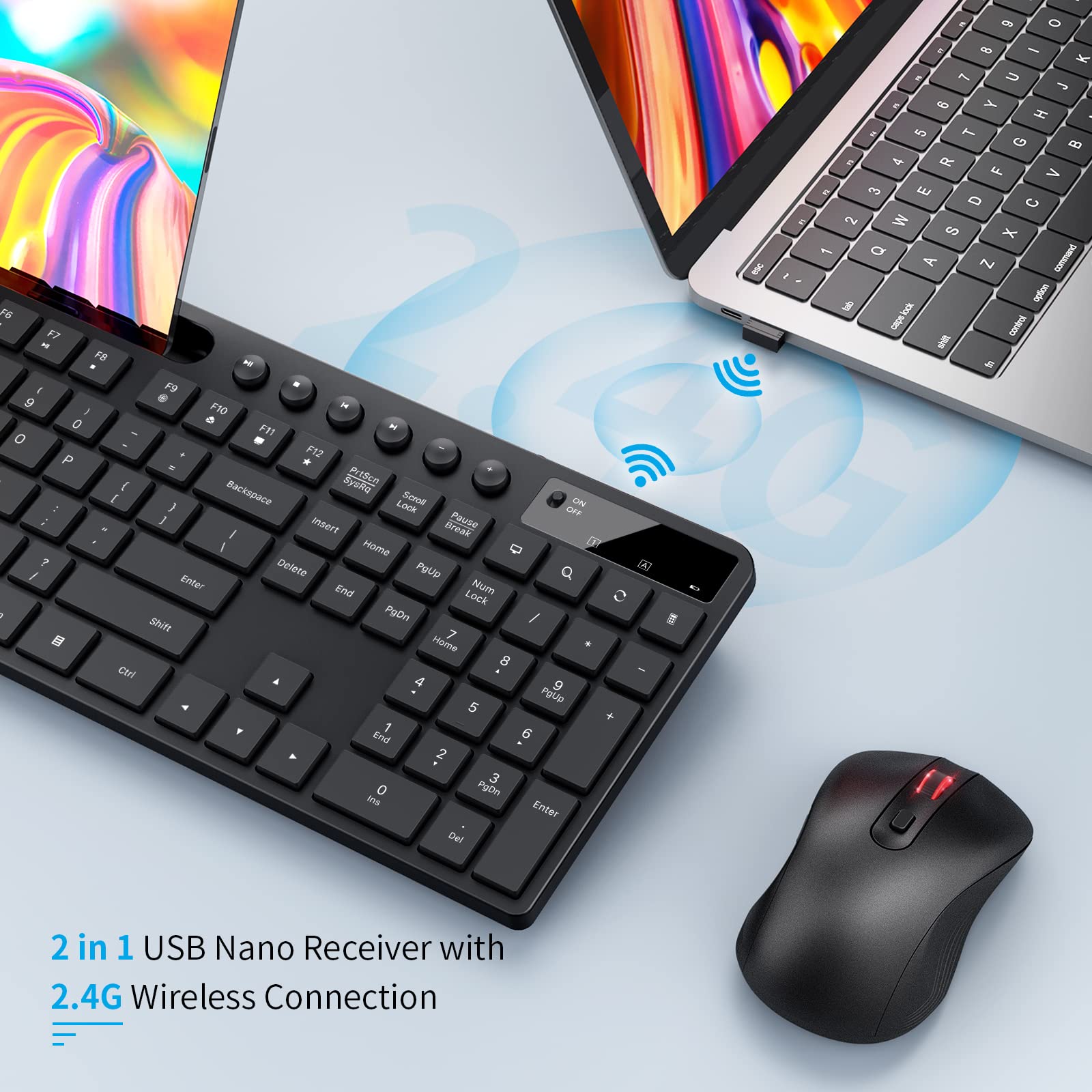 Wireless Keyboard And Mouse Combo, Marvo 2.4G Ergonomic Wireless Computer Keyboard With Phone Tablet Holder, Silent Mouse With 6 Button, Compatible With Macbook, Windows (Black)