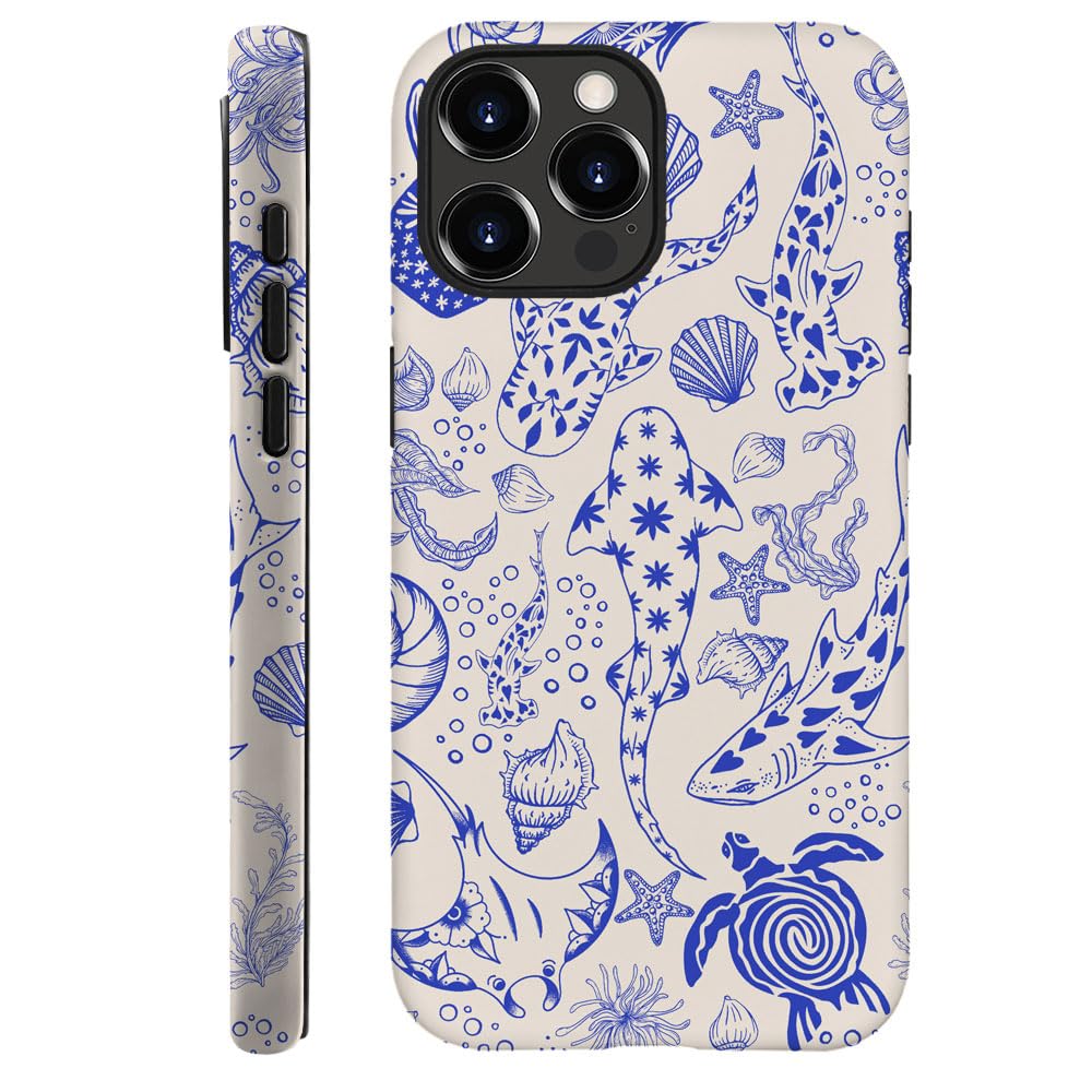 Case for iPhone 16 Pro Max,Fits Frosted Case Design for Girl Women,Sharks Turtles Shells Seaweed Blue