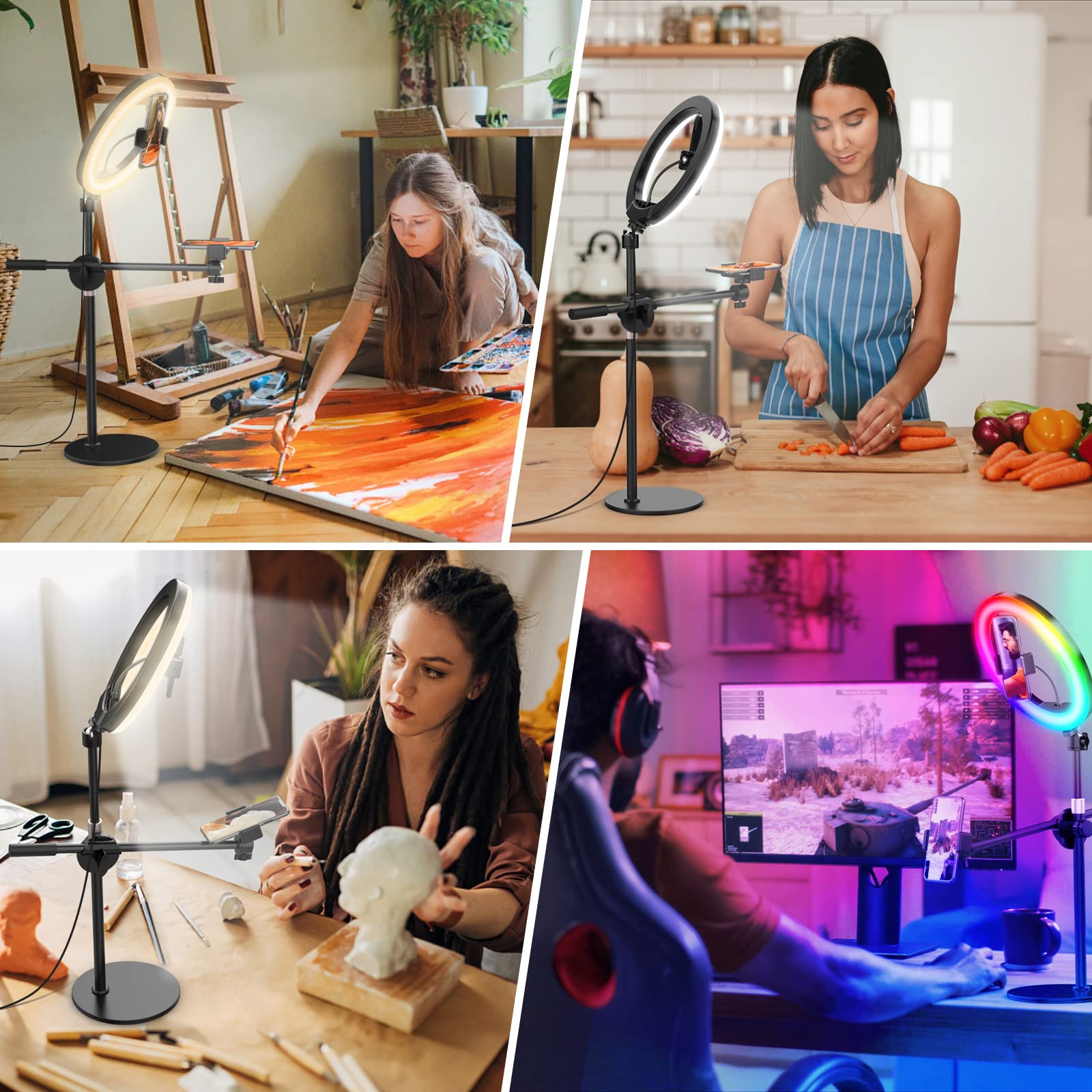 Overhead Phone Camera Mount With Ring Light For Video Recording, Cooking Filming. Content Creator Kit With 10.5'' Rgb Ringlight,