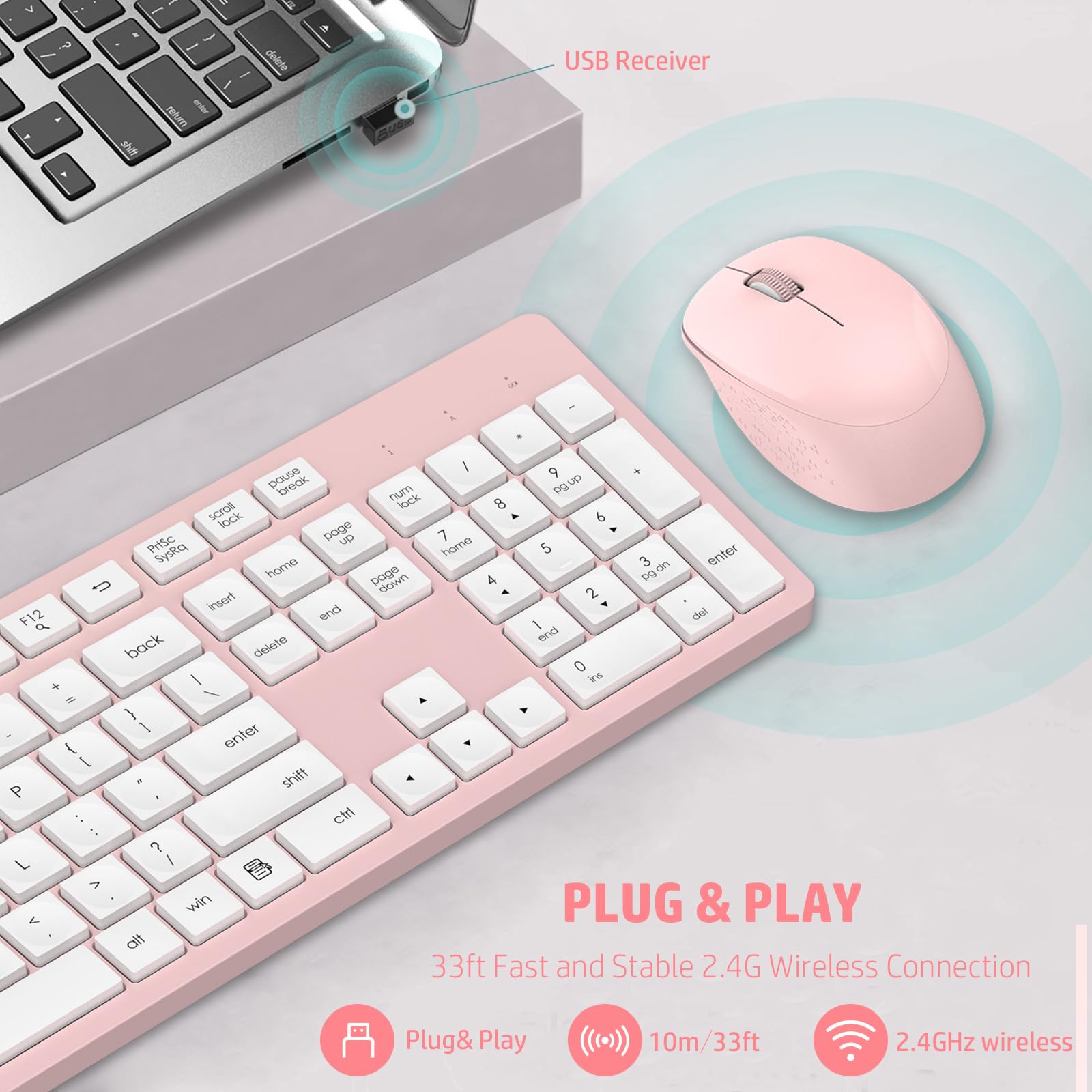 Leadsail Wireless Keyboard And Mouse Combo, Full Sized Ergonomic Computer Keyboard, 2.4Ghz Cordless Keyboard Silent Mouse Set With 2 In 1 Usb Receiver, 12 Fn Shortcuts For Windows Laptop, Pc/Mac Pink
