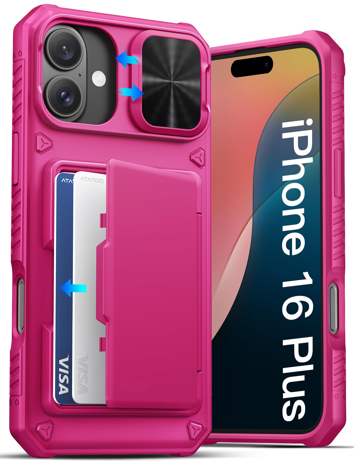 Atatoo For Iphone 16 Plus Case, Built In Card Holder (Store 3 5 Cards) & Slide Camera Protector, Military Grade Protection, Wome