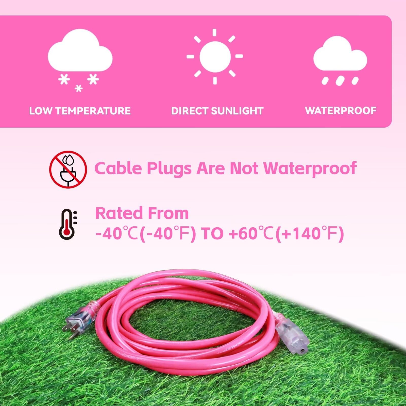 Ultra Explorer Indoor Outdoor Extension Cord Waterproof 15 Ft, 12 Gauge Heavy Duty Pink Extension Cord Sjtw, Flexible Cold Resis