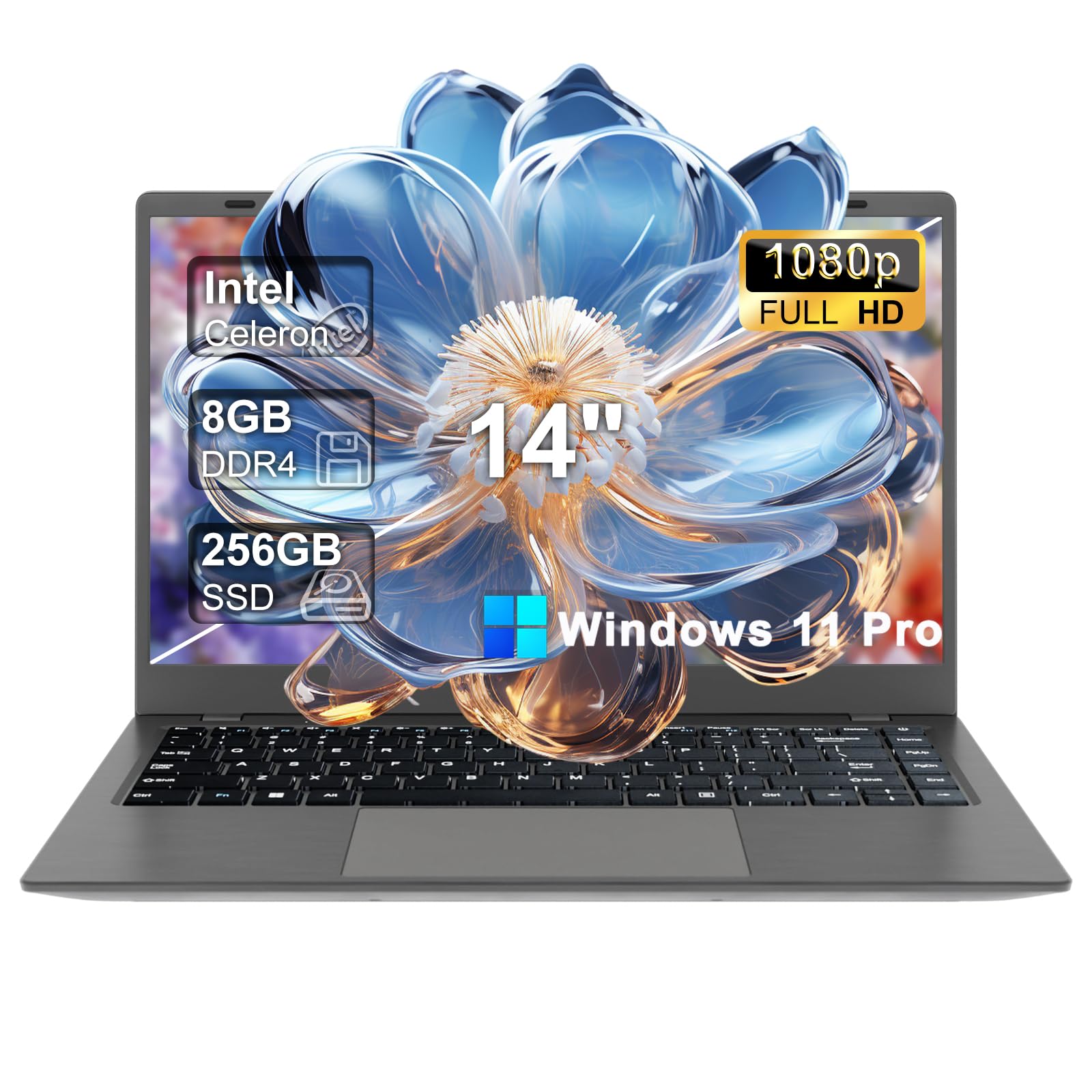 GINA 14 Inch FHD Windows 11 Pro Laptop Computer for School College Students Business, 8GB RAM, 256GB SSD, Dual-Core Intel Celero
