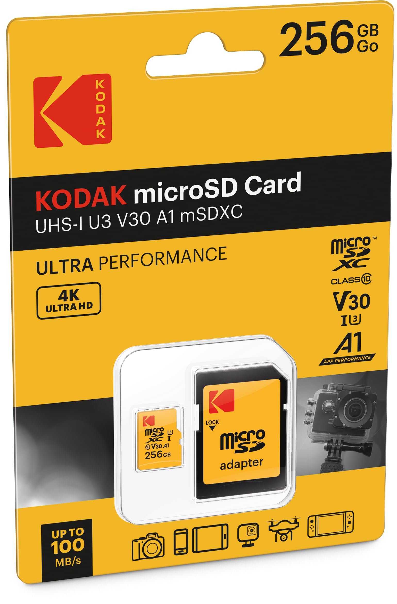 Kodak   256Gb Uhs I U3 V30 A1 Microsdhc/Xc Micro Sd Memory Card   Micro Sd Memory Card   Read Speed 95Mb/S Max   Write Speed 85M
